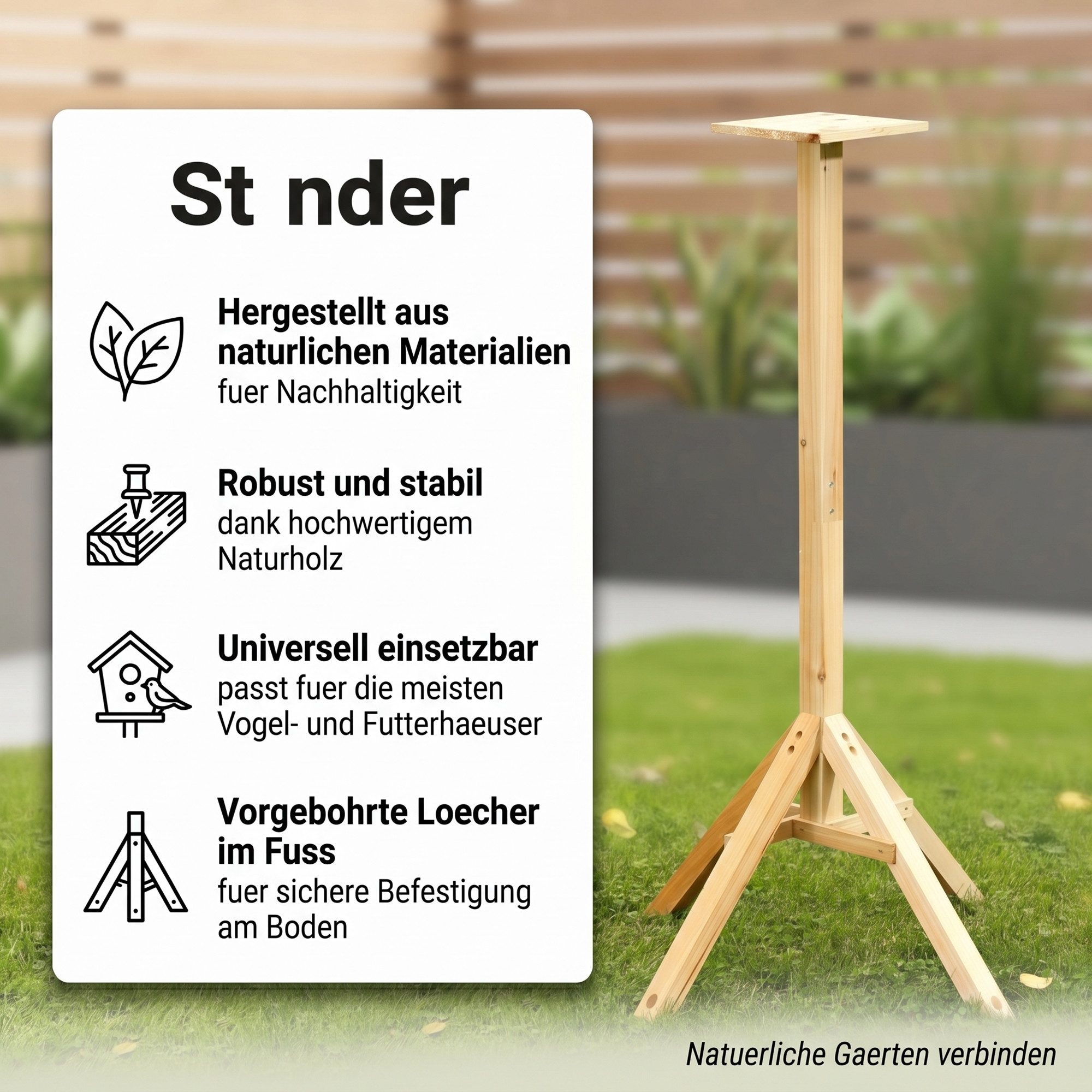 Mucola Vogelhausständer Vogelhausständer Ständer Vogelhaus Futterhaus Vogelhäuschen Holz 1,05m, Zubehör für Vogelhäuser, unbehandelt