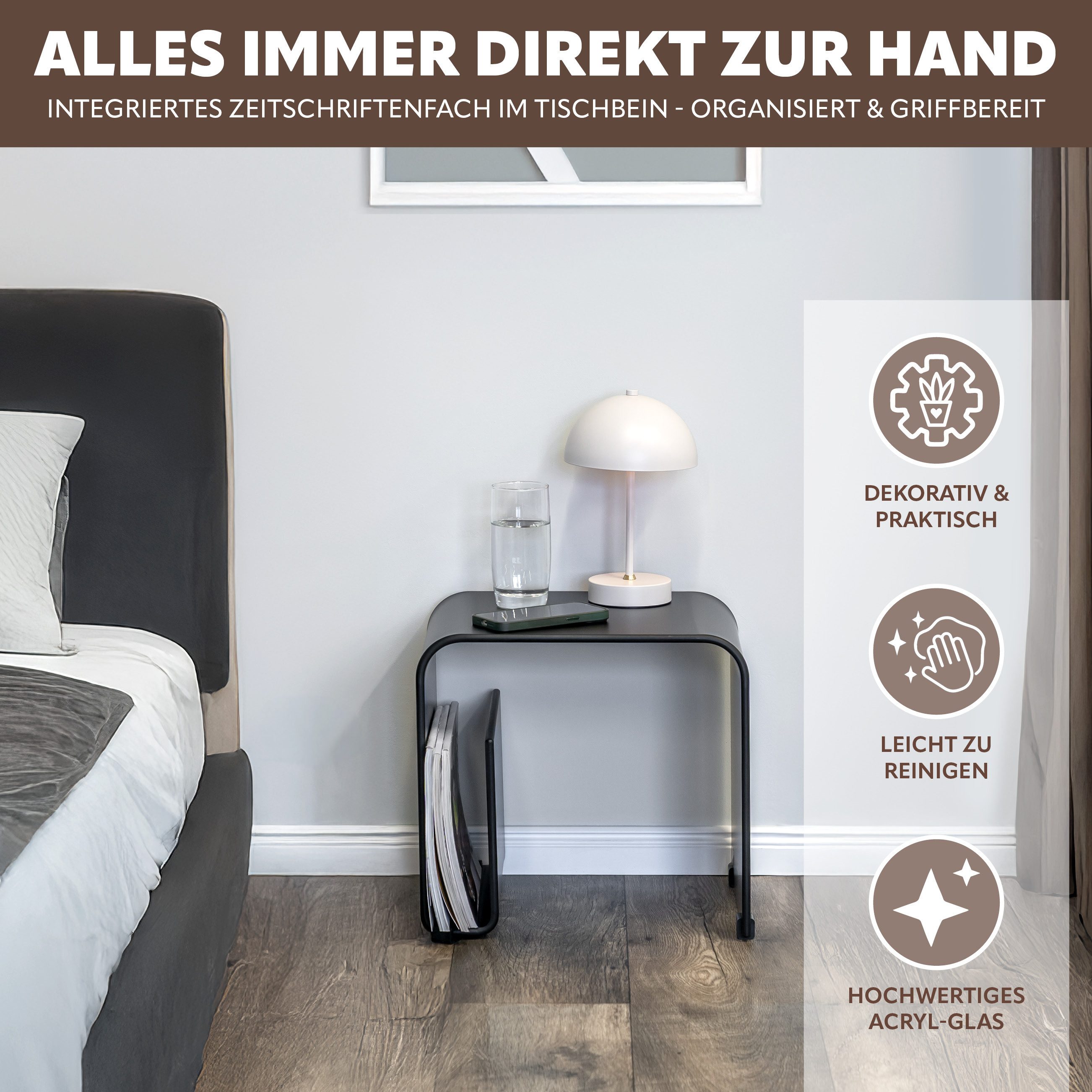 eluno Beistelltisch 2in1 aus Acryl mit Magazinhalter (1-St)