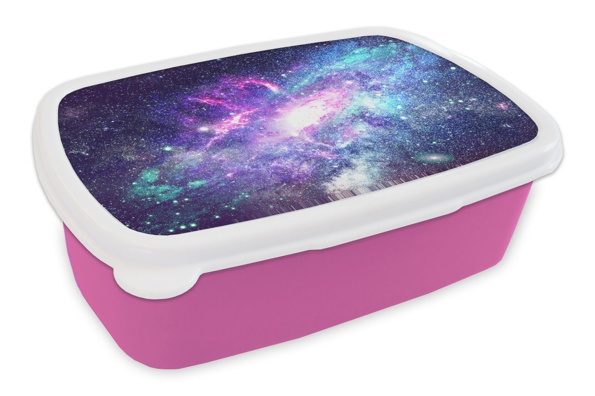 MuchoWow Lunchbox Weltraum - Blau - Sterne, Kunststoff, (2-tlg), Brotbox für Erwachsene, Brotdose Kinder, Snackbox, Mädchen, Kunststoff rosa
