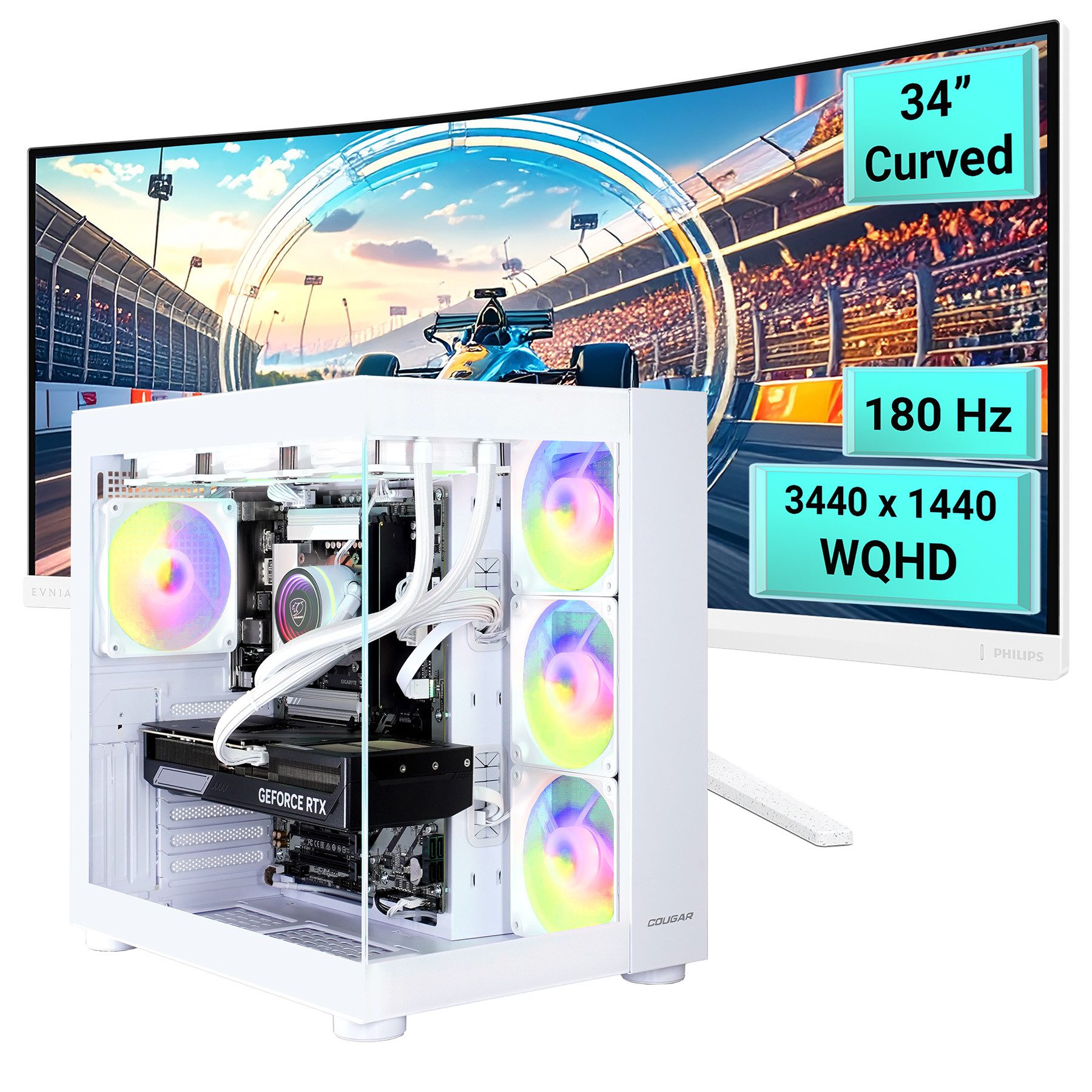 Cougar FV150 WT SET2668 Core Ultra 7 265KF RTX 5070Ti 32GB DDR5 1TB SSD Gaming-PC-Komplettsystem (34", Intel® Core Ultra 7 265KF, RTX 5070Ti, 32 GB RAM, 1000 GB SSD, Windows 11, DDR5 RAM)