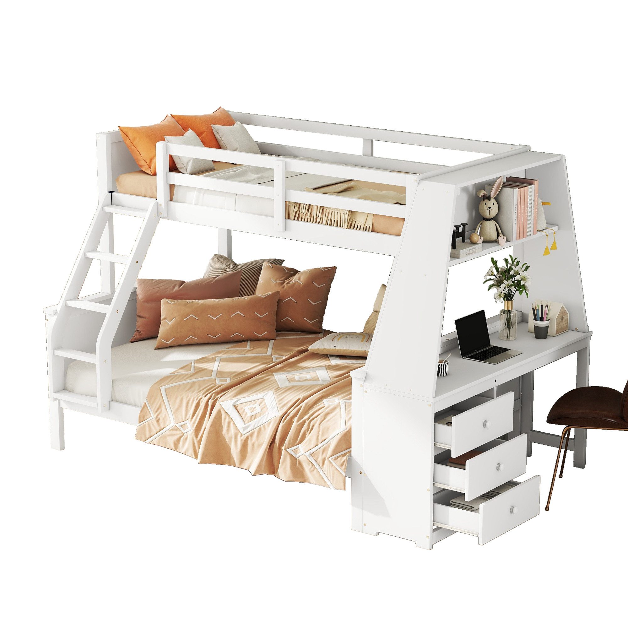 OKWISH Etagenbett Kinderbett, ausgestattet mit Tisch, großer Stauraum, hohes Geländer (Funktionsbett Stauraumbett 90*200cm140*200cm), ohne Matratze