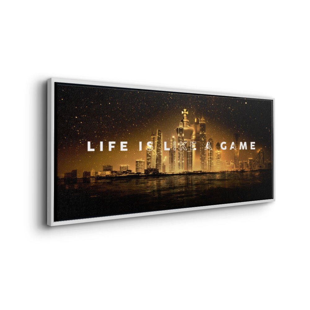 Figuren Schach silberner Leinwandbild, Rahmen Skyline DOTCOMCANVAS® Panorama Leinwandbild mit prem Zitat Motivation