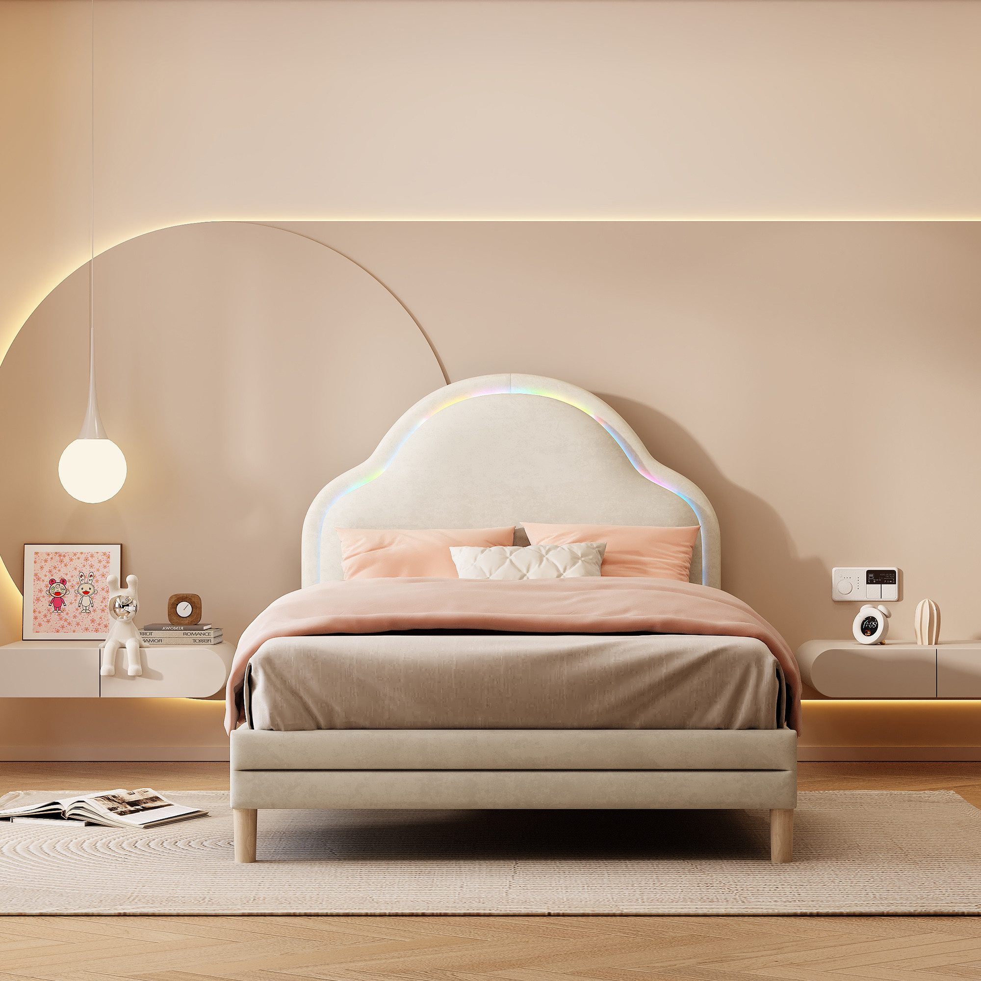 STILVORA Polsterbett 90x200 mit Wolkenform-Kopfteil,Kinderbett Jugendbett mit LED,Samt (Einzelbett Jugendbett Gästebett mit Holzlatten, Samt, 90x200cm), ohne Matratze