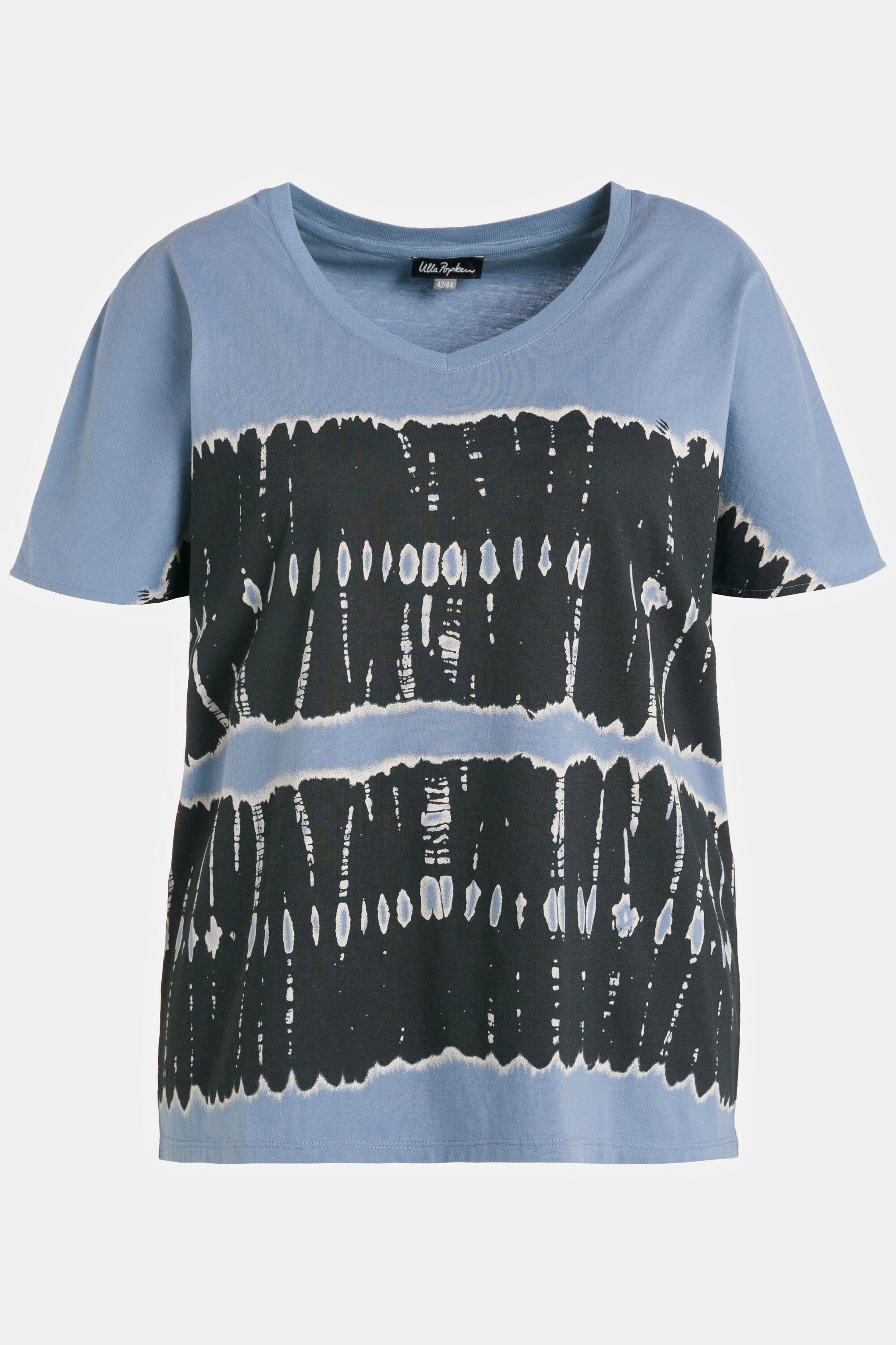 Ulla Popken Rundhalsshirt T-Shirt V-Ausschnitt Batikstreifen poolblau Oversized