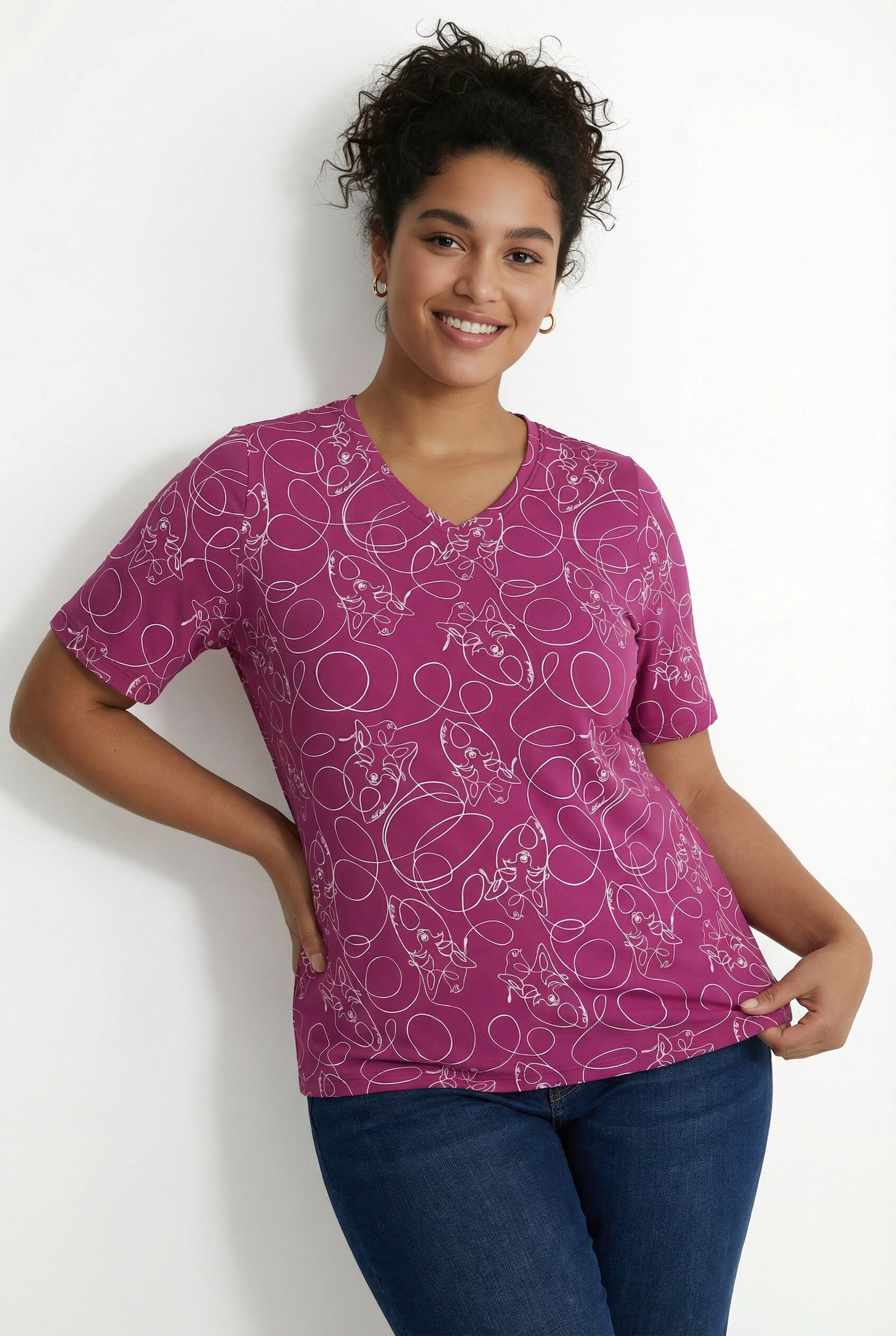 Ulla Popken T-Shirt T-Shirt Tiere Classic V-Ausschnitt Halbarm günstig online kaufen