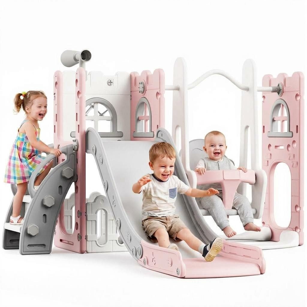 GarveeMore Rutsche Kinderrutsche mit Schaukel,Kleinkind Spielplatz für drinnen & draußen, Babyrutsche mit Schaukel für Garten und Innenbereich,144 × 150 × 93 cm