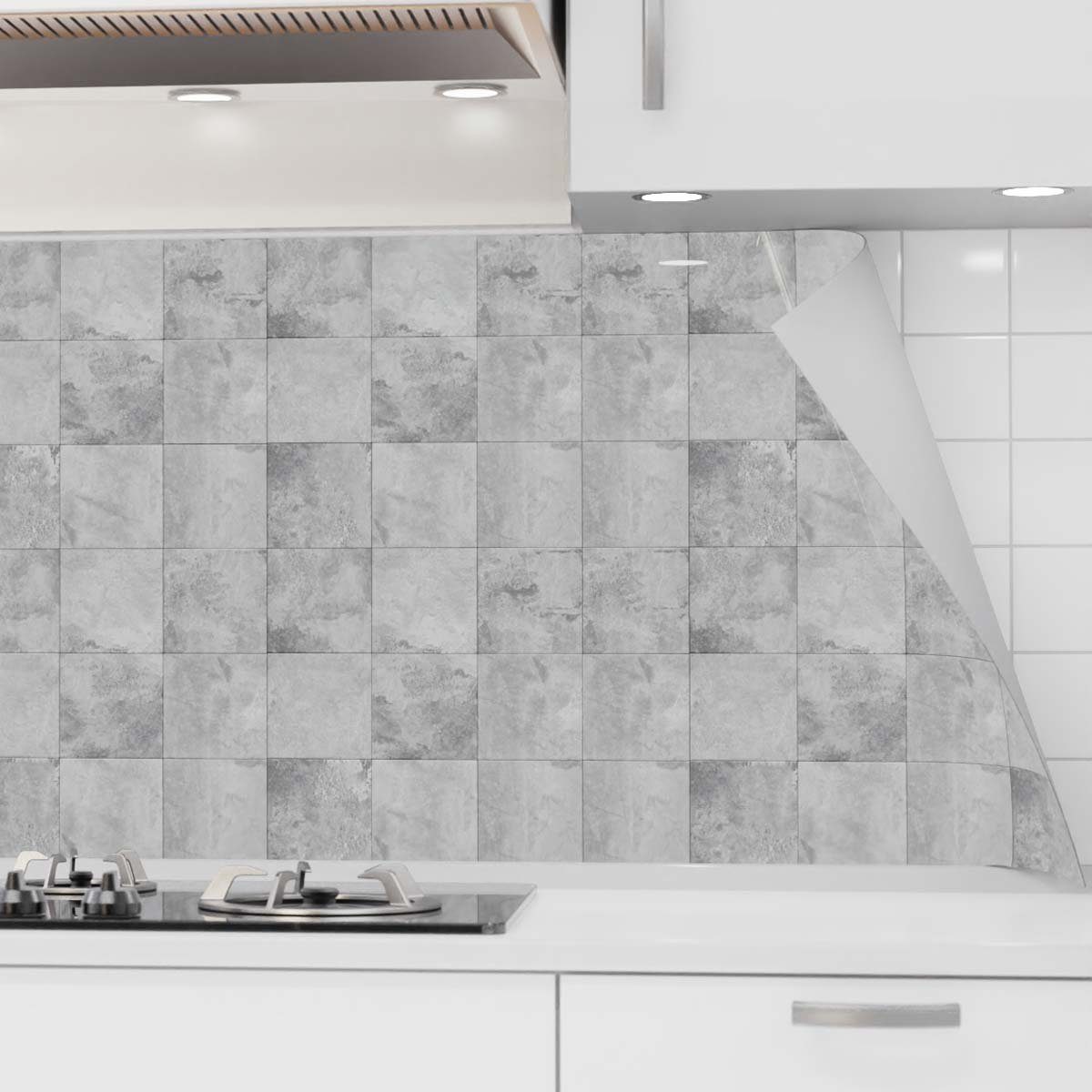 danario Küchenrückwand selbstklebend - Matt - Spritzschutz Küche - versteifte PET Folie Keramikfliesen grau
