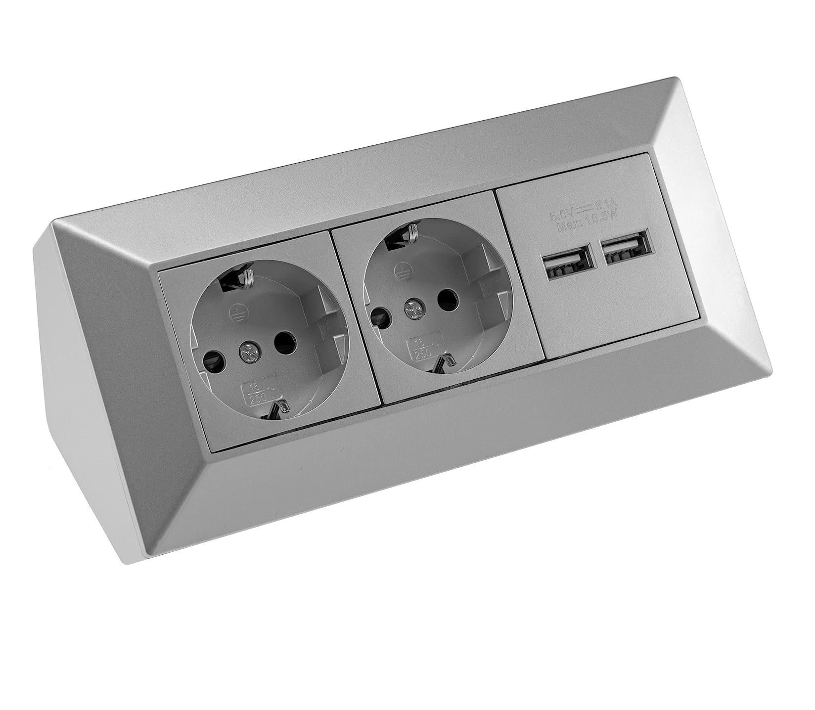 2-fach Steckdosenblock + 2x USB, silber Mehrfachsteckdose