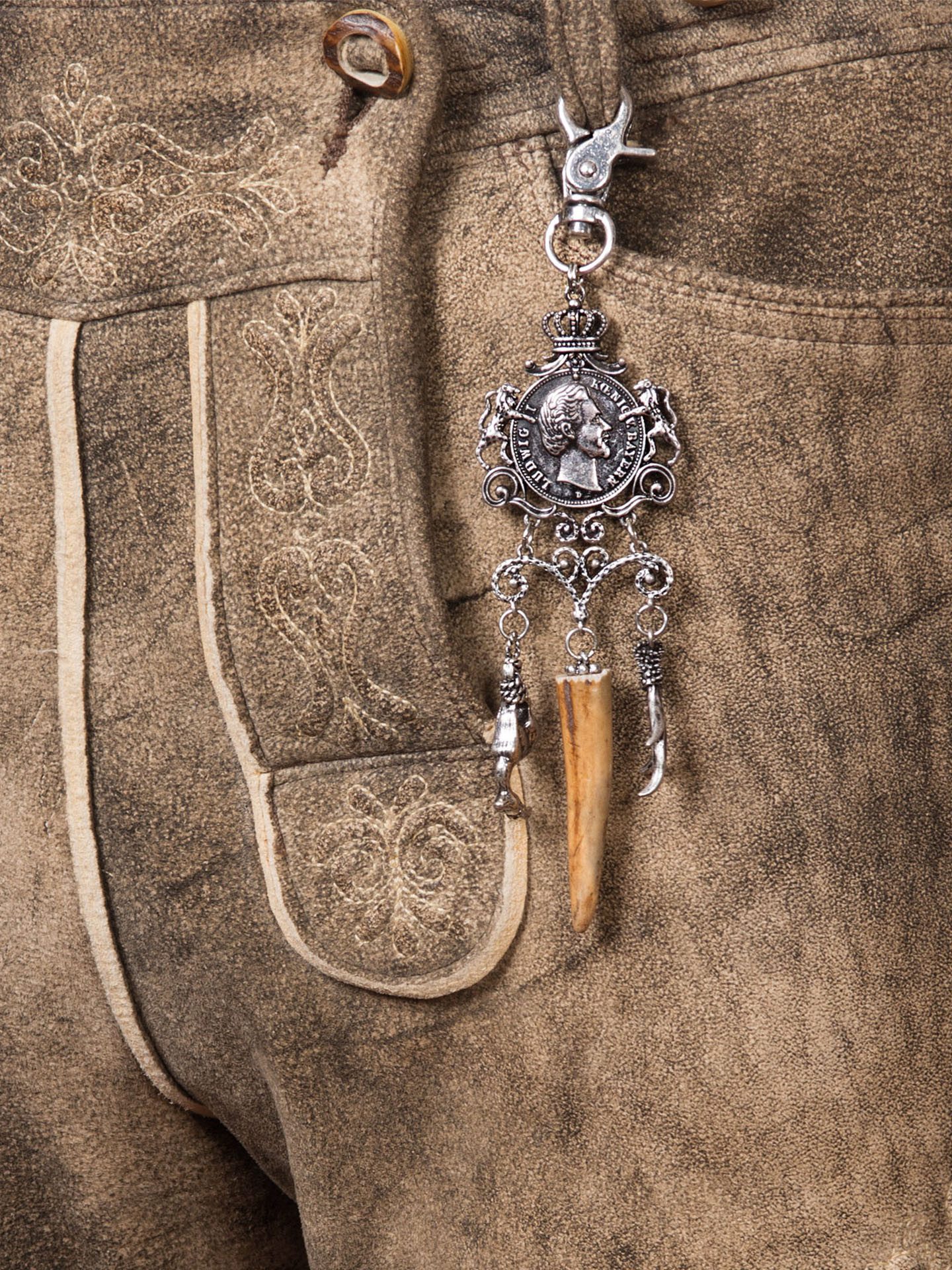 Moschen-Bayern Trachtenlederhose Charivari Herren Kette Schmuck Lederhosen Anhänger Silber Münzen Jagd enthält Teile tierischen Ursprungs - echt Hirschhorn