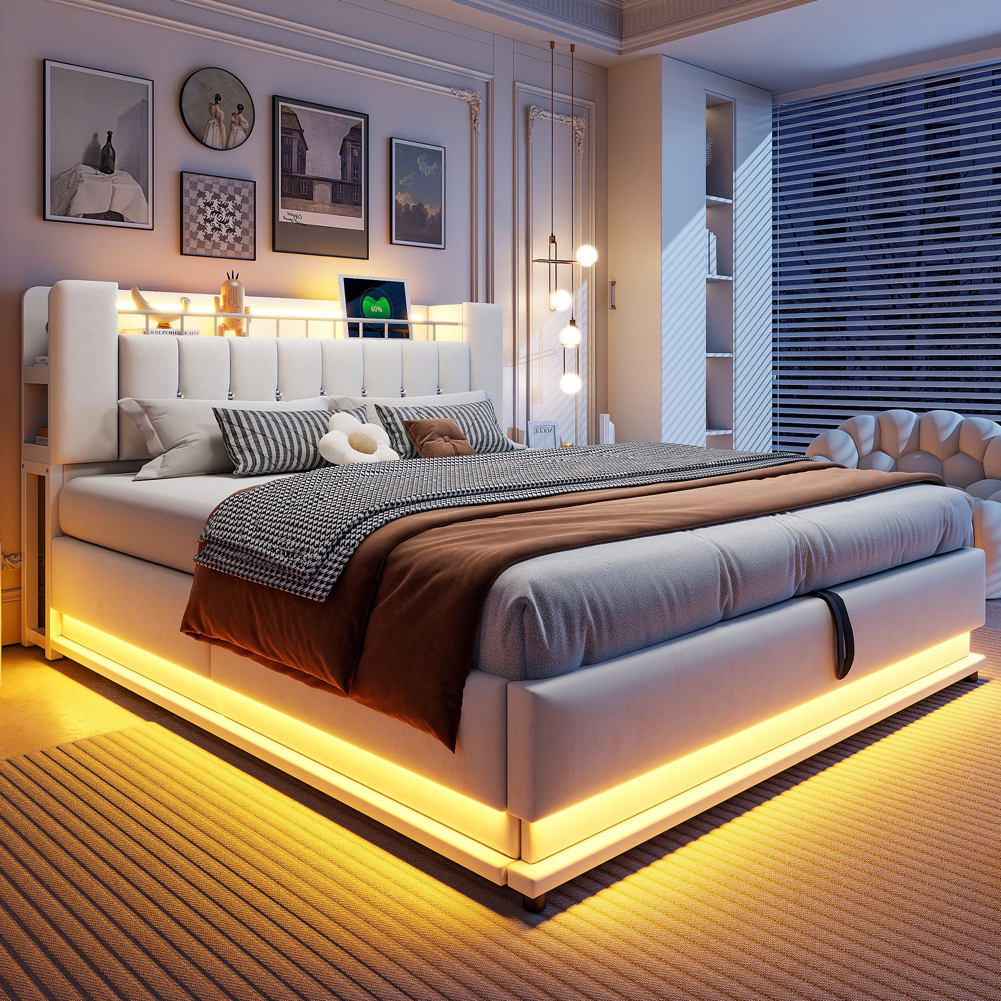 Merax Polsterbett mit LED-Beleuchtung und USB-Anschluss (Metalllattenrahmen günstig online kaufen