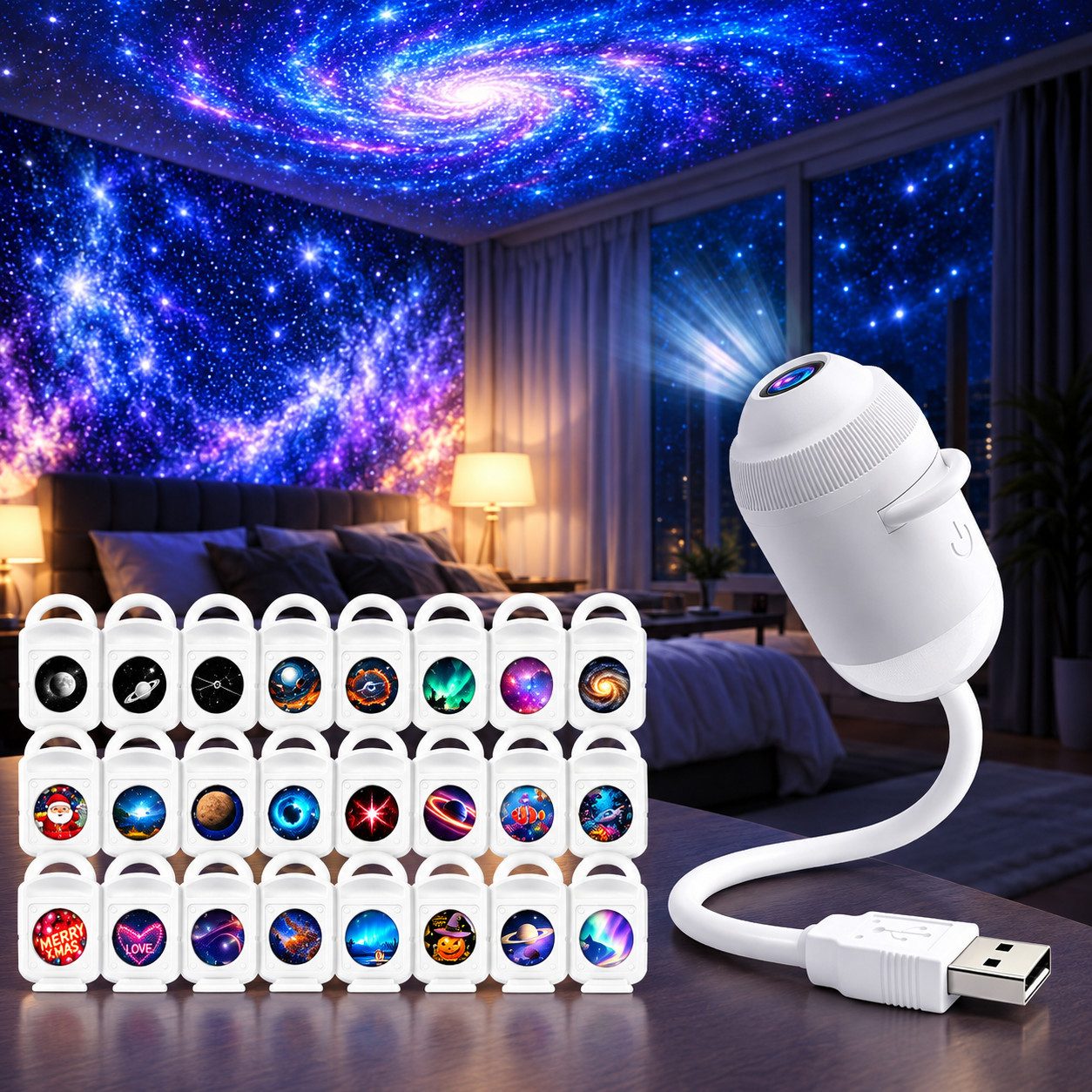 Fyrove LED-Sternenhimmel 2-in-1 Sternenhimmel Projektor mit 24 Motiven, dekoratives Nachtlicht, Sternenprojektor mit USB für Schlaf- und Kinderzimmer