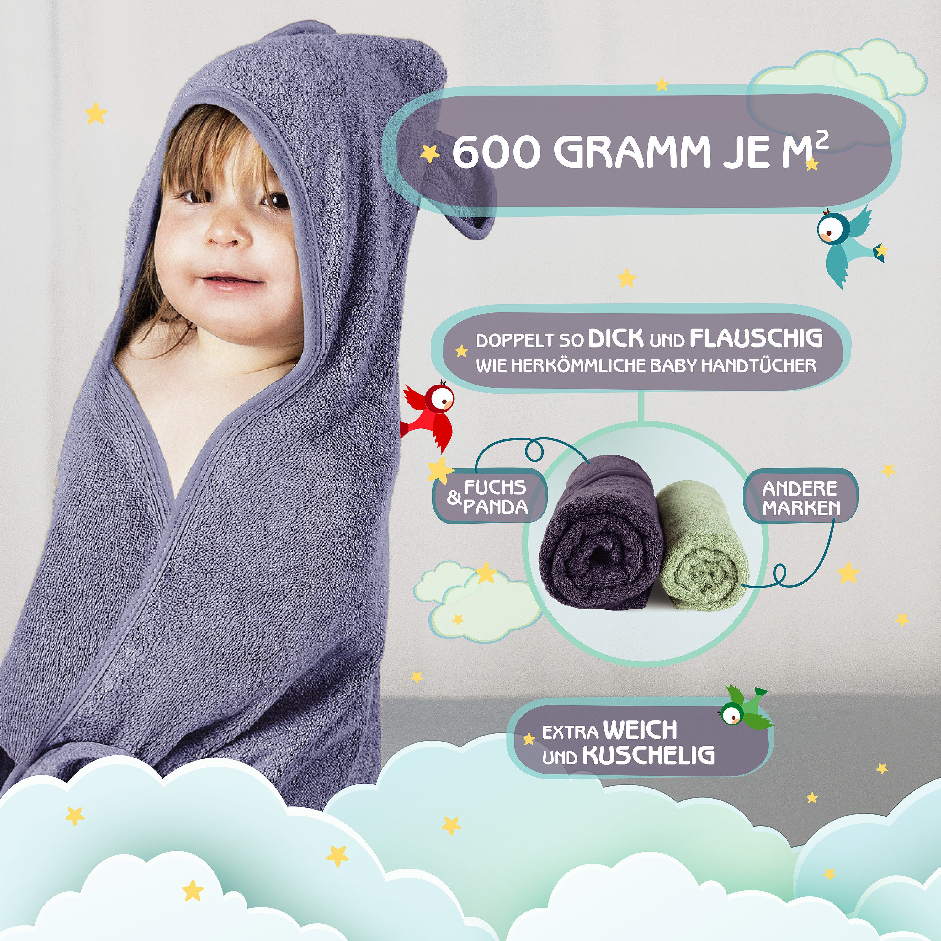 Fuchs & Panda Kapuzenhandtuch Kapuzenhandtuch Baby EXTRA dick, warm & weich aus 100% Bambus, 100% Bambus: Antimikrobiell, Atmungsaktiv, Hypoallergen, Superweich