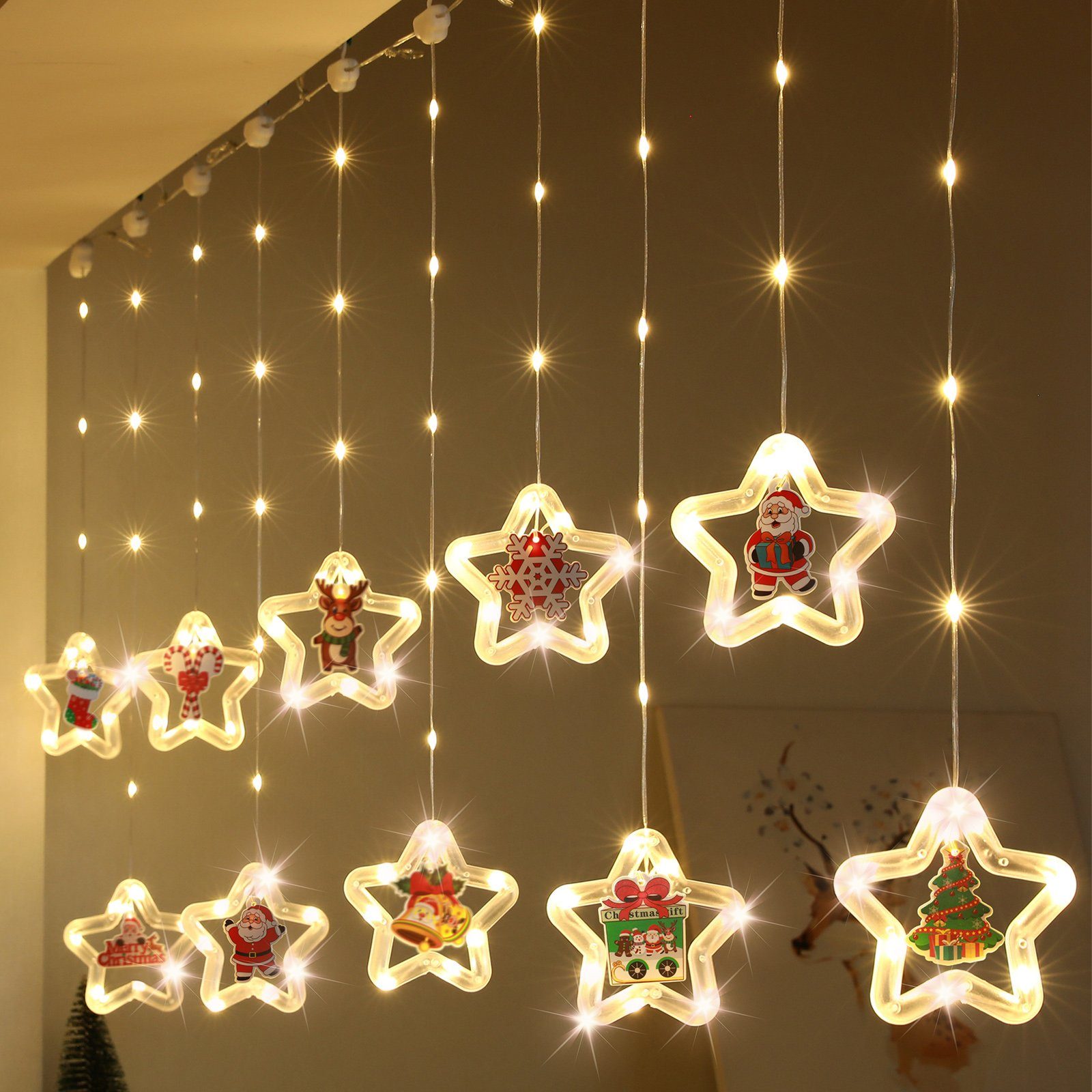 MUPOO Weihnachts-Fensterbeleuchtung, LED-Lichtervorhang 8 Modi LED-Lichterketten Fernbedienung,für Innen,Außen,Garten,Hinterhof,Party-Dekoration USB/Batterie Warmweiß