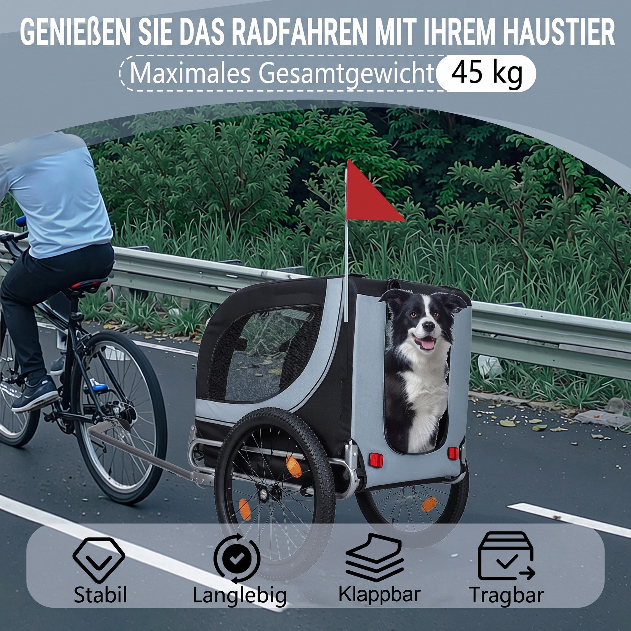 MIBODE Hundebuggy Hundefahrradanhänger bis 40 kg, Grau-Schwarz, mit Regenschutz
