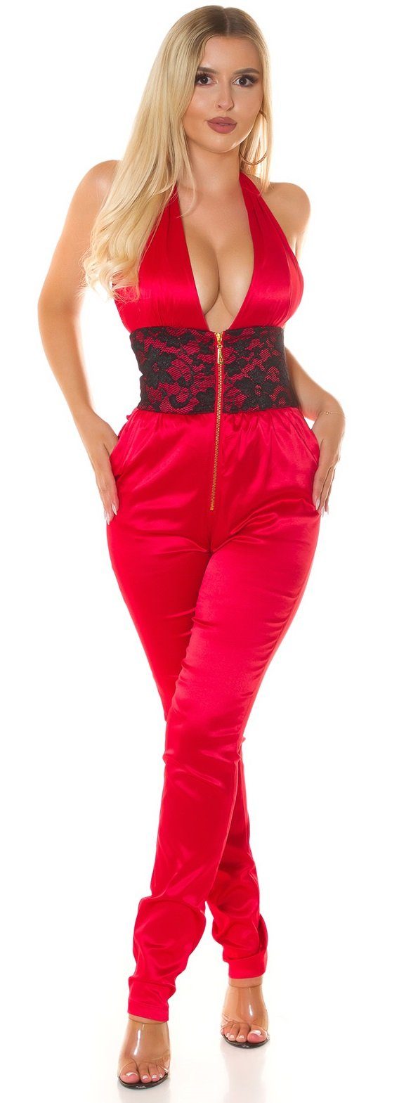 Satin-Look, Koucla Spitzenborte mit im ärmelloser Jumpsuit Overall rotschwarz rückenfrei