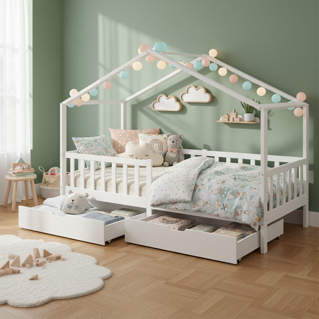 Bellabino Kinderbett Bia mit Rausfallschutz & Lattenrost (weiß, mit zwei Schubladen), Kinderbett aus Kiefernholz, verfügbar in 80x160/90/120/140x200 cm