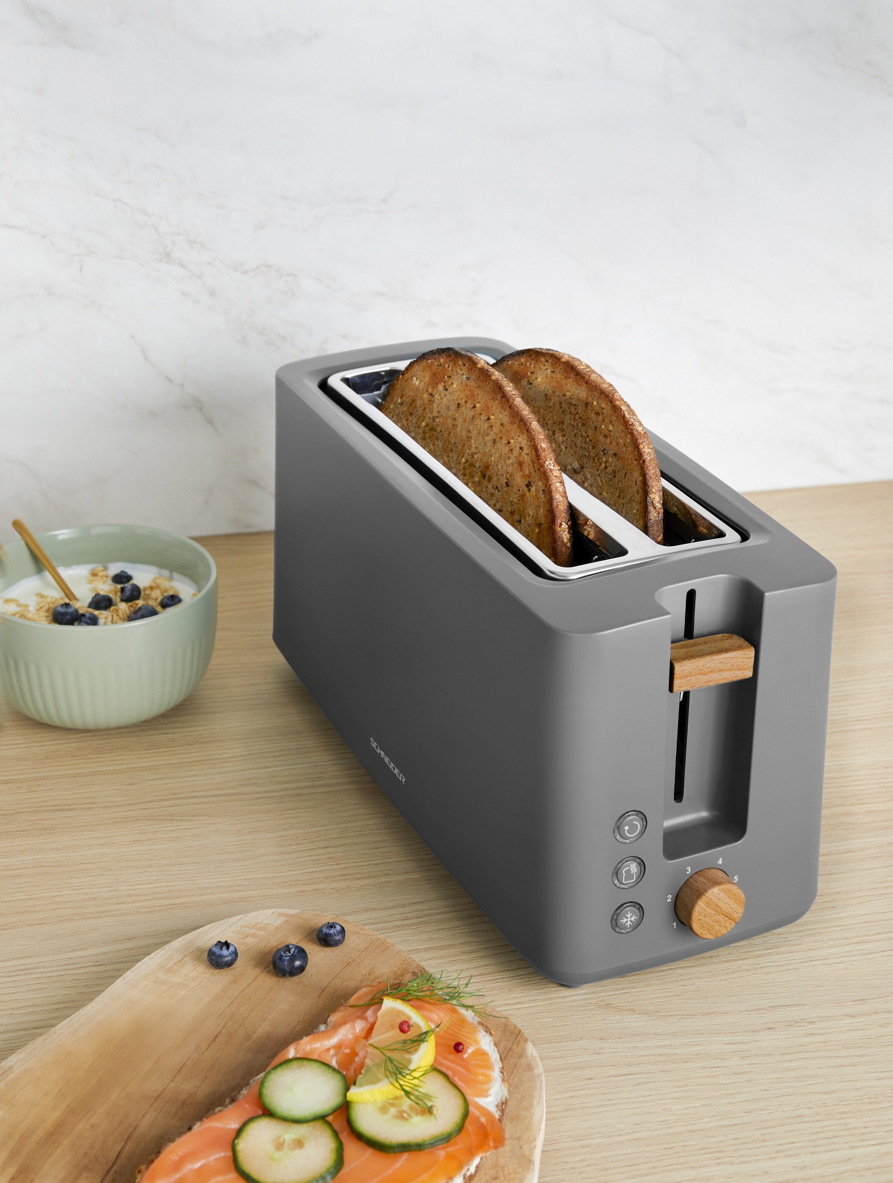 SCHNEIDER Fjord Aufwärm-Funktion, Auftau- W, 4 lange Toaster Überhitzungsschutz Stufen, für Line, Krümelschublade, 2 6 1550 und Schlitze, grau Scheiben,