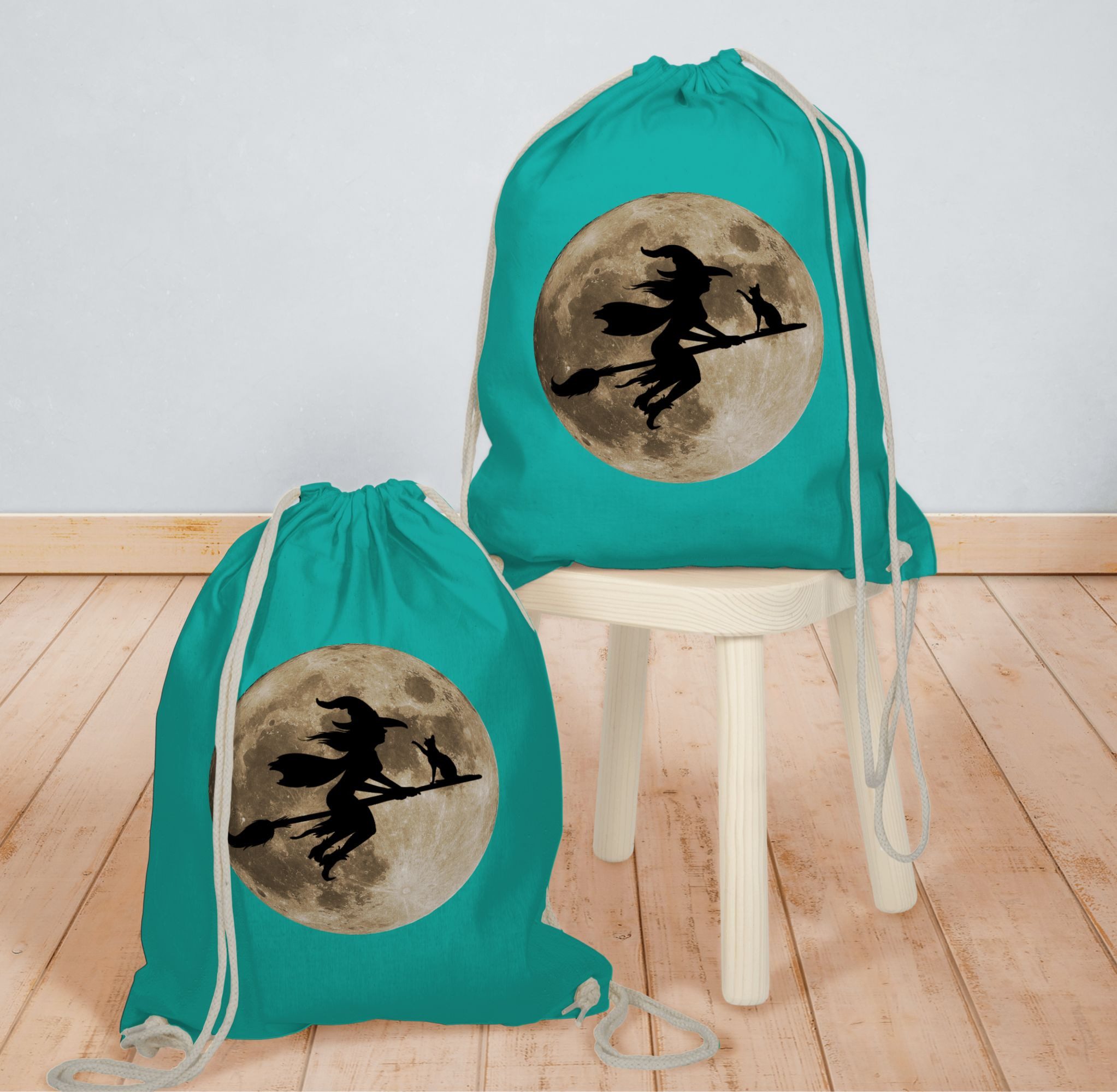 Shirtracer Turnbeutel Hexe Halloween Hexen auf Besen Vollmond Katze Witch Mond, Halloween Beutel