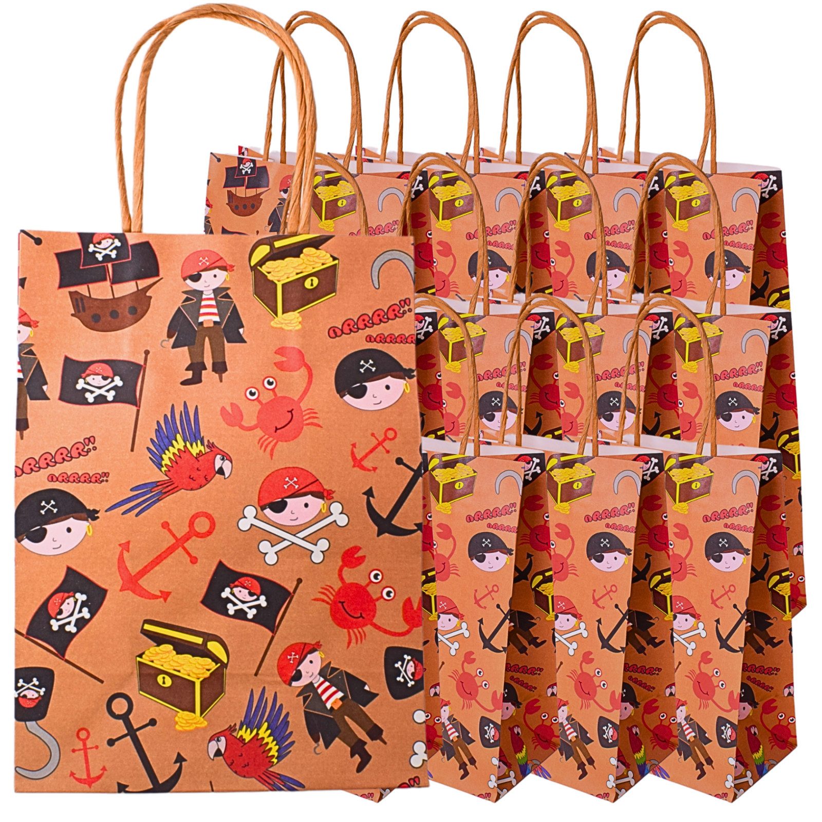 TE-Trend Tragetasche 12 Stück Piraten Motiv Geschenktüten Papiertüten mit 12 Stickern (faltbar, wiederverwendbar), mit Piratenmotiv