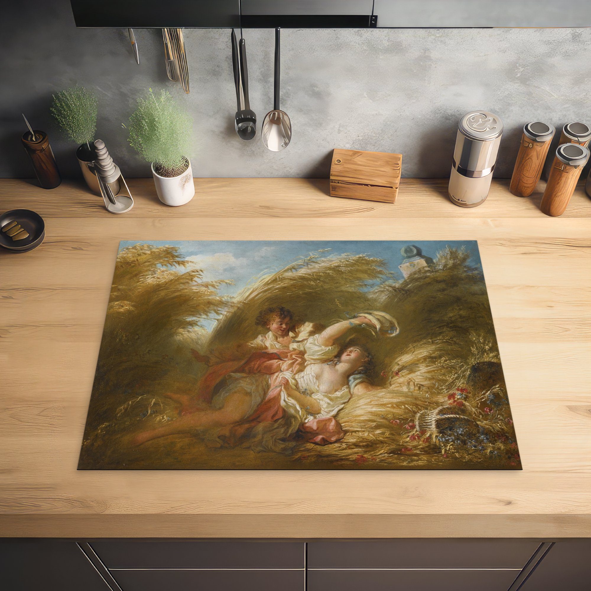 Gemälde Fragonard, Ceranfeldabdeckung nutzbar, (1 70x52 Arbeitsfläche Herdblende-/Abdeckplatte dem - Vinyl, Zwischen Mobile Jean-Honoré MuchoWow Weizen cm, tlg), von