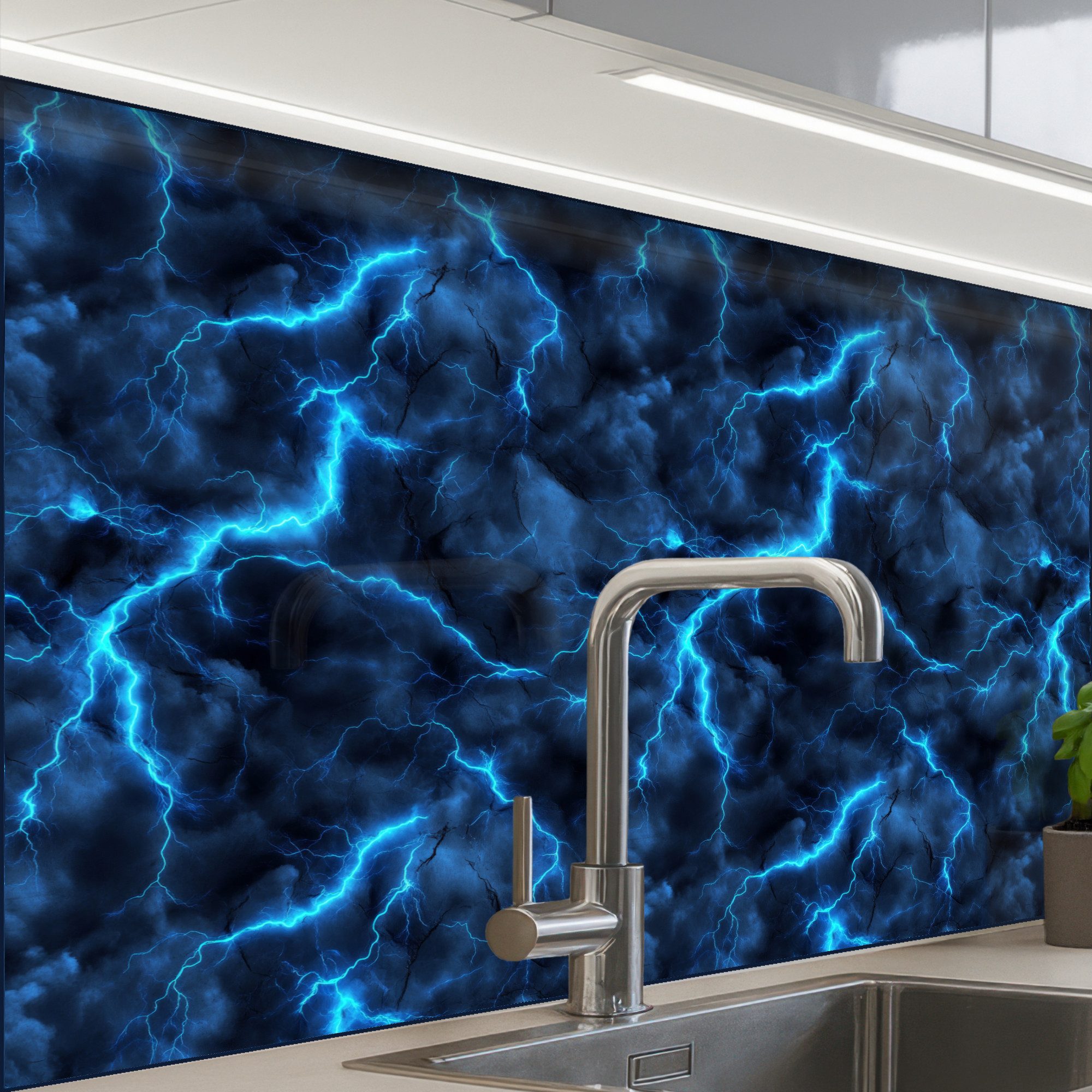 KitchenYeah Küchenrückwand Muster selbstklebend (keine Folie) Dunkel - Blau - Blitzschlag, (1-tlg), Spritzschutz, Küche, Rückwand, Küchenwand, Küchenfront, 30x20 cm