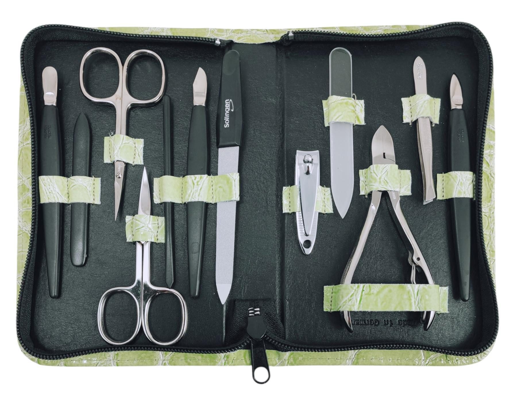 EloModa Maniküre-Kosmetik-Etui 12teiliges Solingen* Maniküre Set mit Leder-Etui Nagelpflege, Made in, 12 tlg., Made in Germany, Solinger Qualität, Echtleder-Etui, Gehärteter Stahl