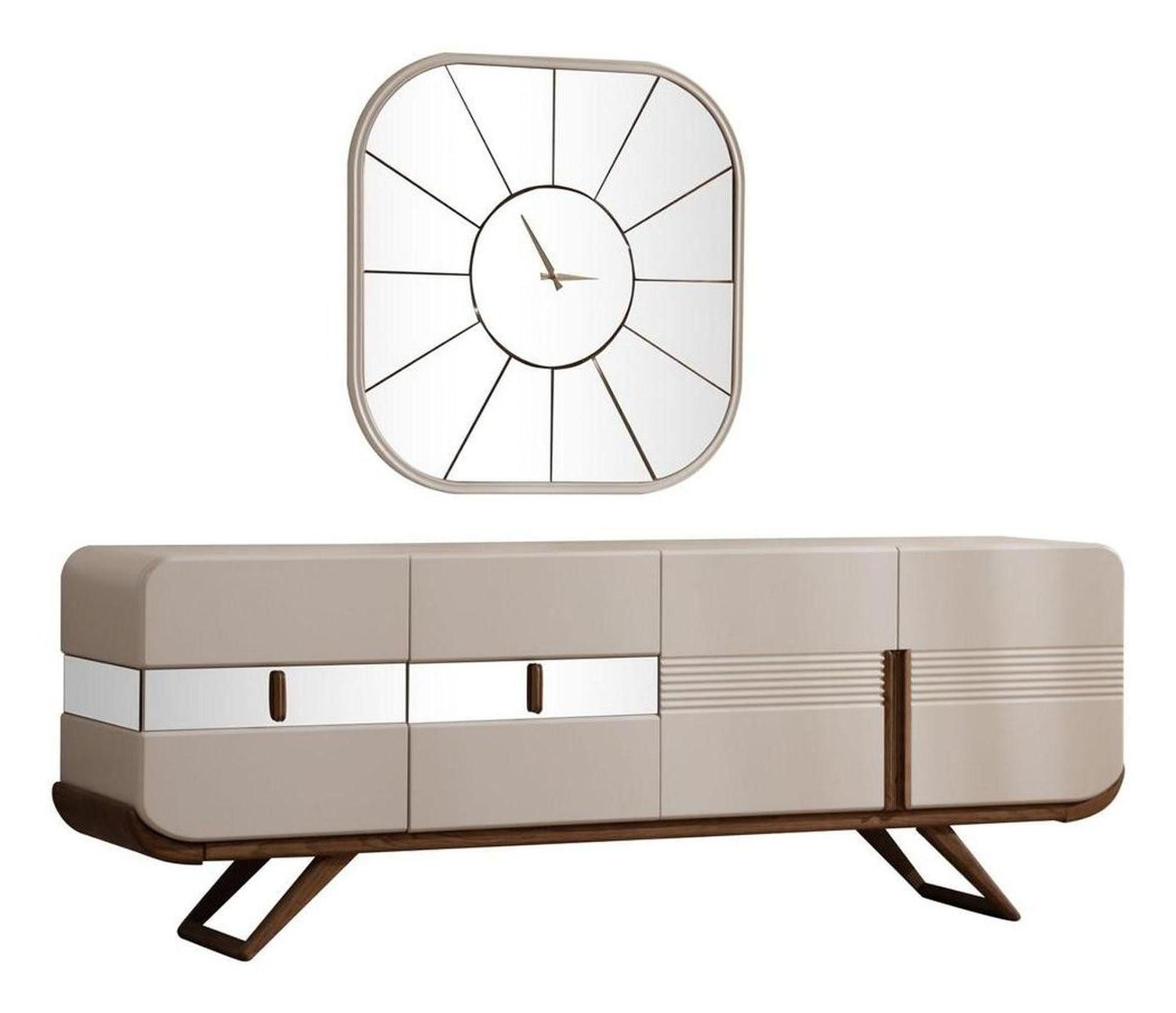 Xlmoebel Sideboard Beige Anrichte mit Spiegel und vier Türen aus hochwertigem Holz (Anrichte mit Spiegel, 2tlg.Esszimmer Set (Anrichte+Spiegel), Hergestellt in Europa