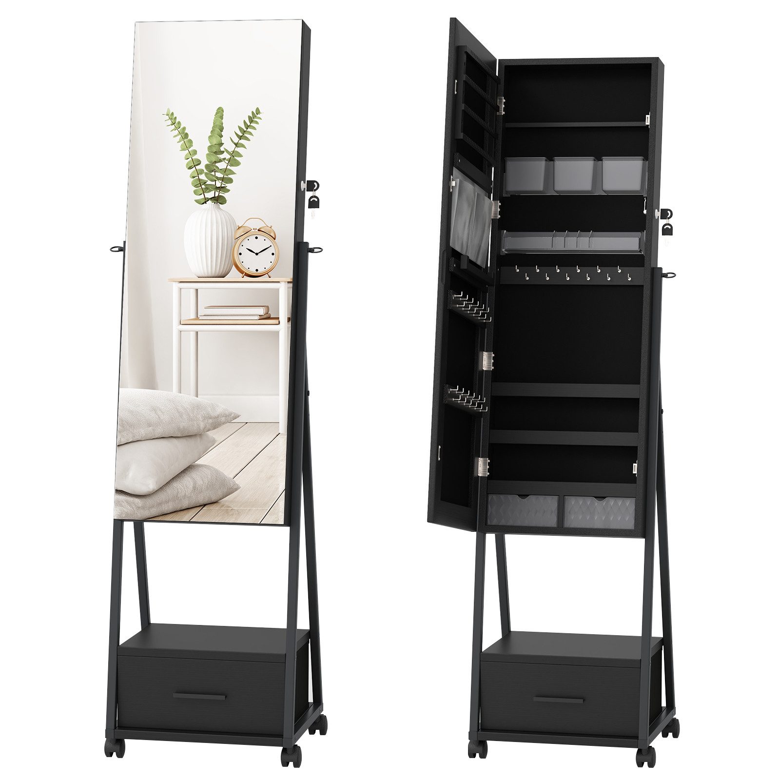 COSTWAY Schmuckschrank mit Spiegel, Schublade, stehend, günstig online kaufen