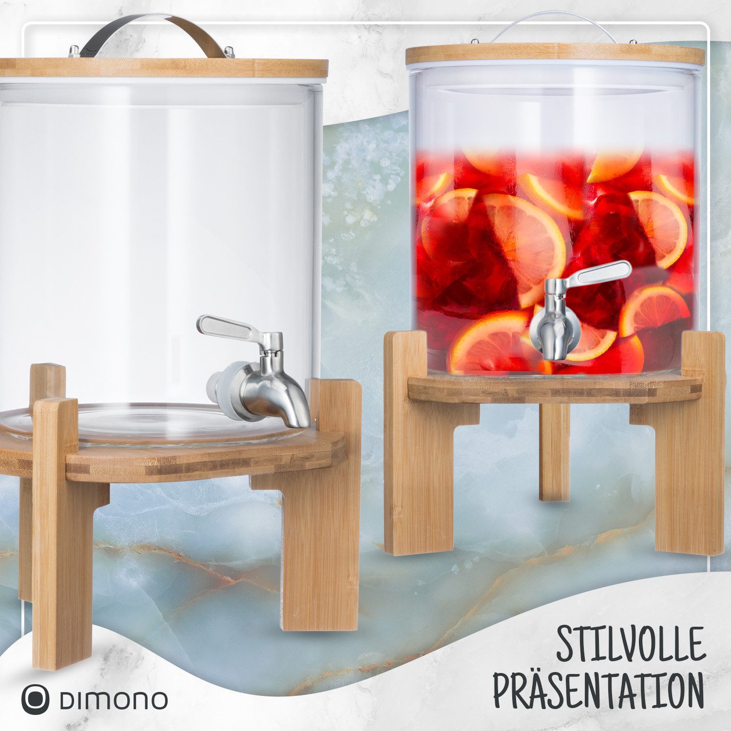 Dimono Getränkespender DIMONO Getränkespender Glas mit Bambusständer & Zapfhahn 5L/8L, mit Bambusständer und Zapfhahn
