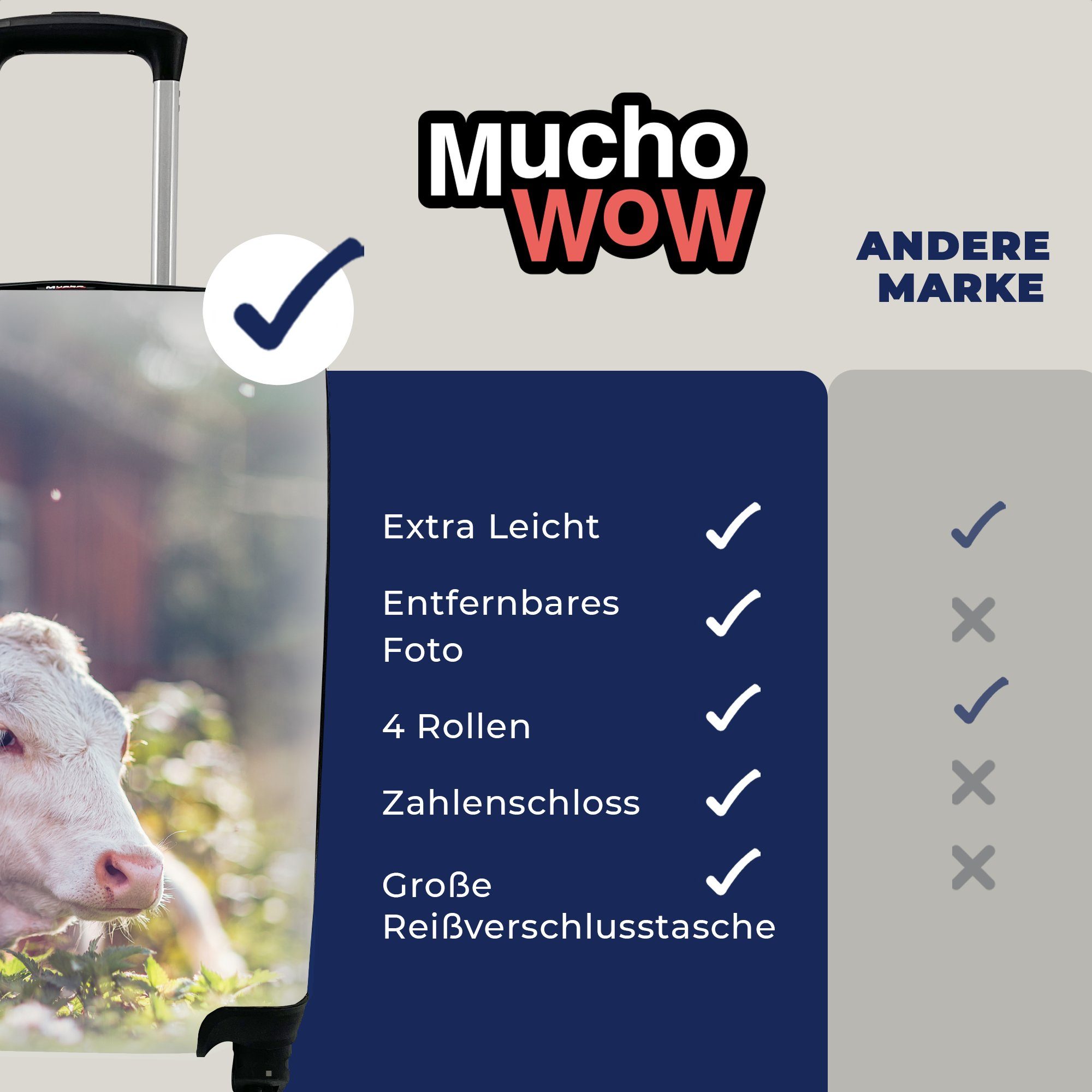 Kuh Handgepäck Rollen, MuchoWow 4 Trolley, Ferien, - Handgepäckkoffer mit Blumen, rollen, Sonne für - Reisetasche Reisekoffer