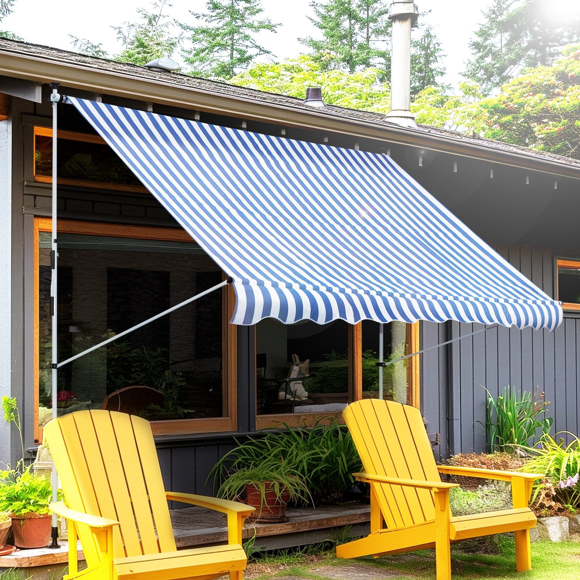 OKWISH Markise 300x150x170-280 cm mit Handkurbel Blau/Weiß – höhenverstellbar (Packung, 1-St., Balkon Markise 170–280cm Höhe, einfache Montage für Outdoor Bereich) Sonnenschutz Markise Alu Polyester, schmutzabweisender Stoff