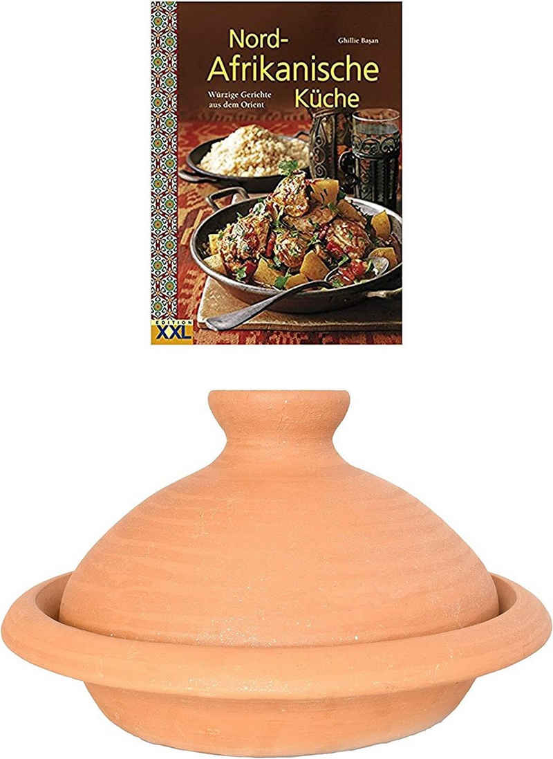 Marrakesch Orient & Mediterran Interior Dampfgartopf »Tajine, original aus Marokko, inklusive Kochbuch Nord Afrikanische Küche, Tontopf zum Kochen, Targi, handgetöpfert aus Marrakesch, frei von Schadstoffe«, Lehm, Handarbeit