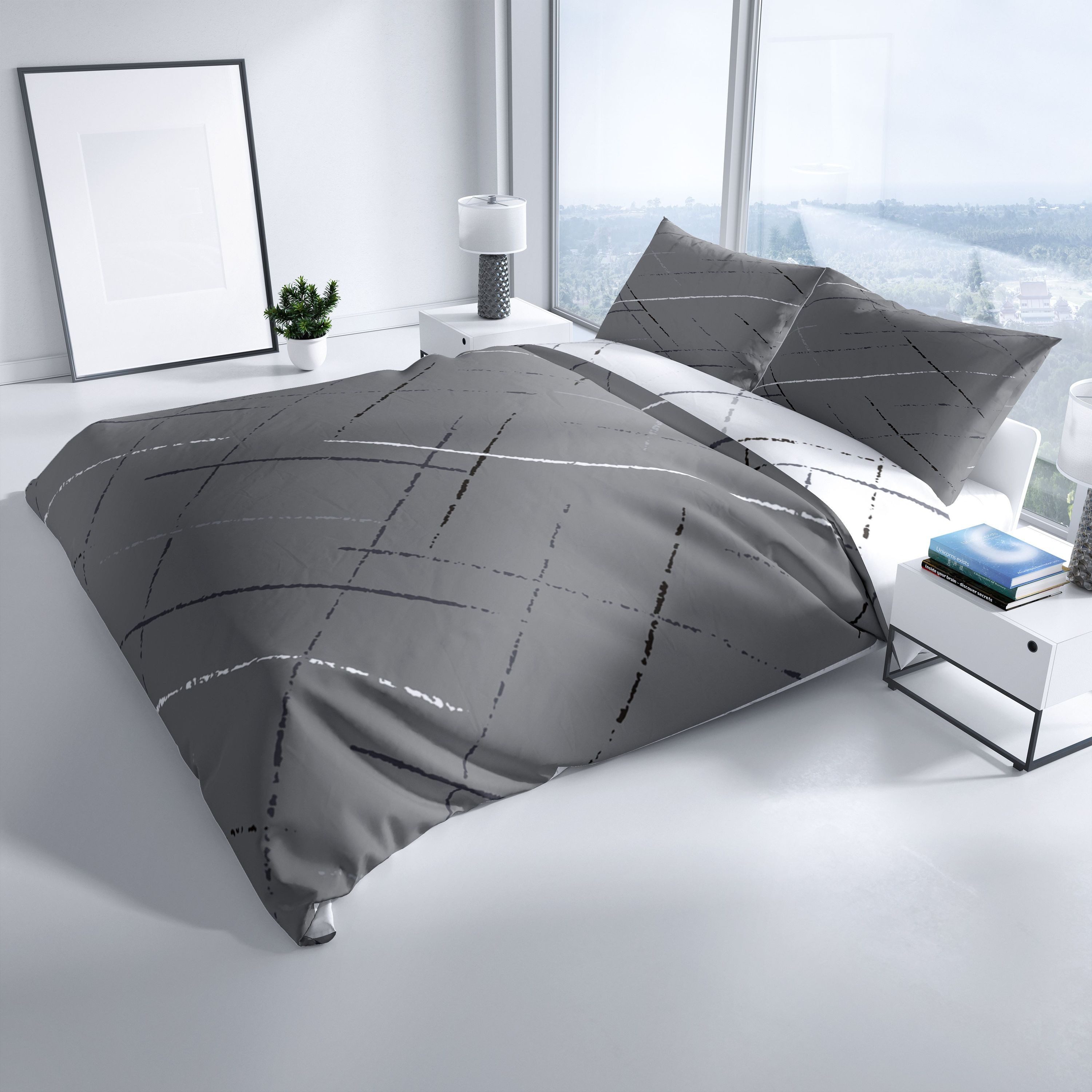 Leonado Vicenti Bettwäsche Hochwertige Polycotton, Baumwolle, 3 teilig, schlichtes Streifen Design mit Wendeseite, Beige, Grün und Grau – Bild 2 von 5