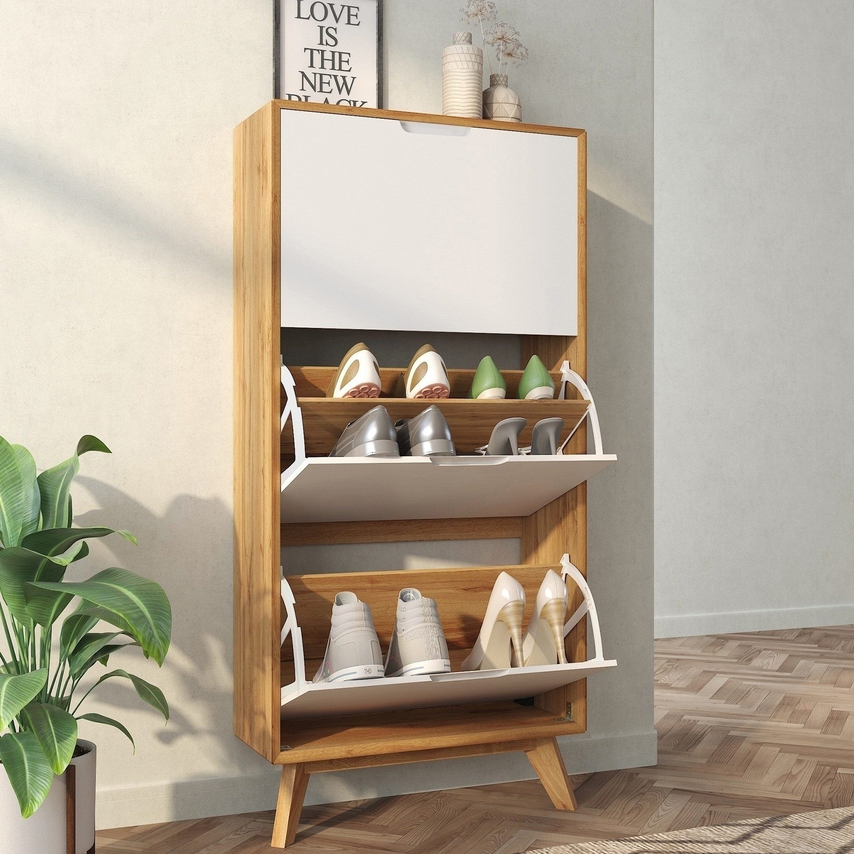 freiraum Schuhkipper Essen, in Eiche-Dekor / Weiß - 60x125x24cm (BxHxT)