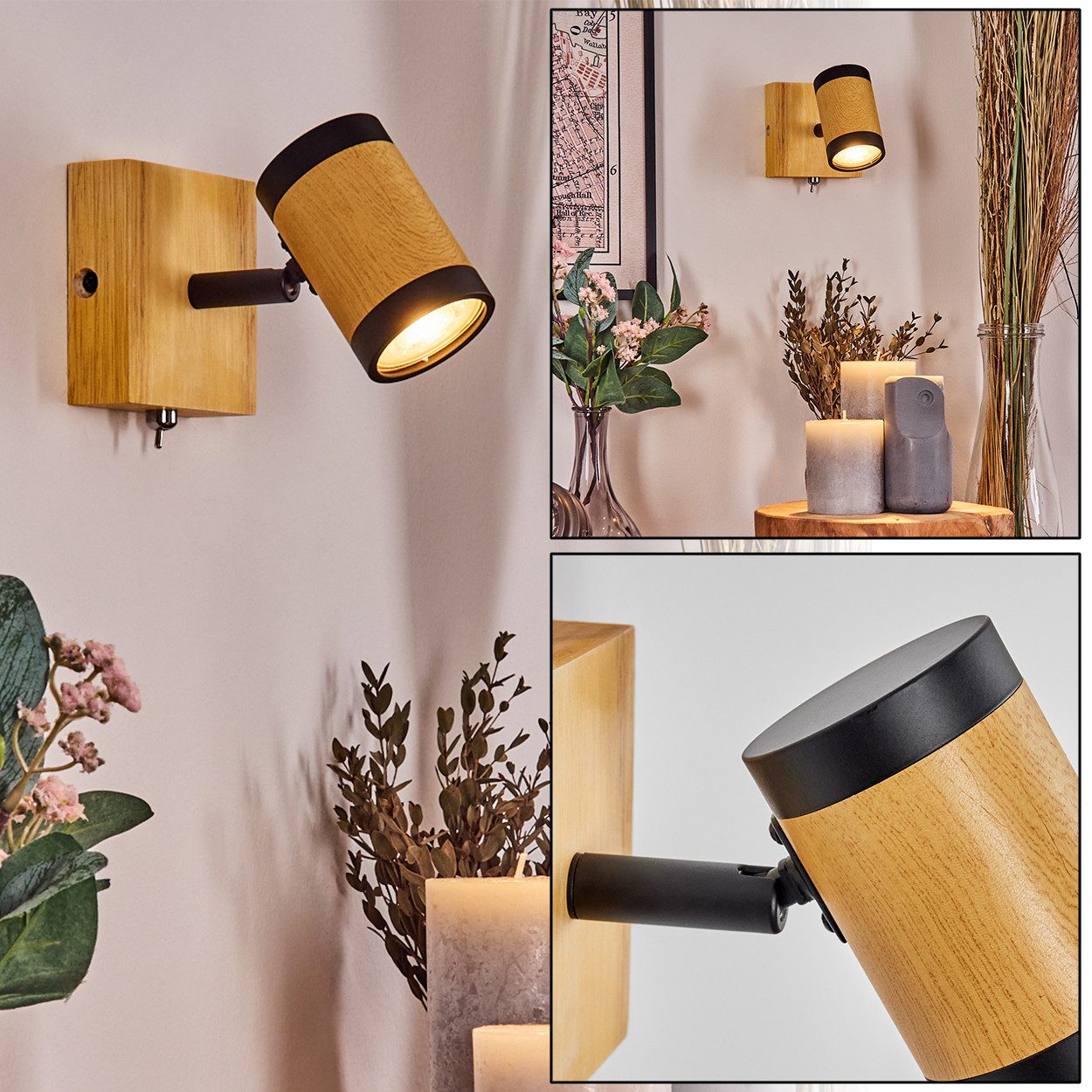 hofstein Wandleuchte verstellbare Wandlampe aus Holz/Metall in Natur/Schwarz, ohne Leuchtmittel, verstellbare (5cm), An-/Ausschalter, 1x GU10, ohne Leuchtmittel