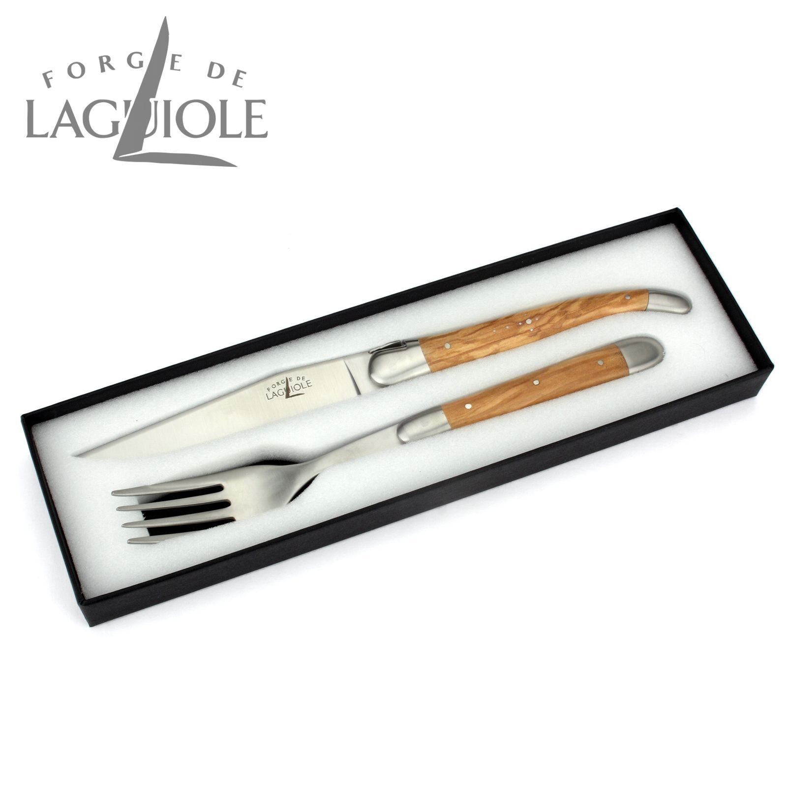 Forge de Laguiole Steakbesteck TF 2M IN OL SAT, 1 Messer / 1 Gabel - Griff Olivenholz - Stahl satiniert