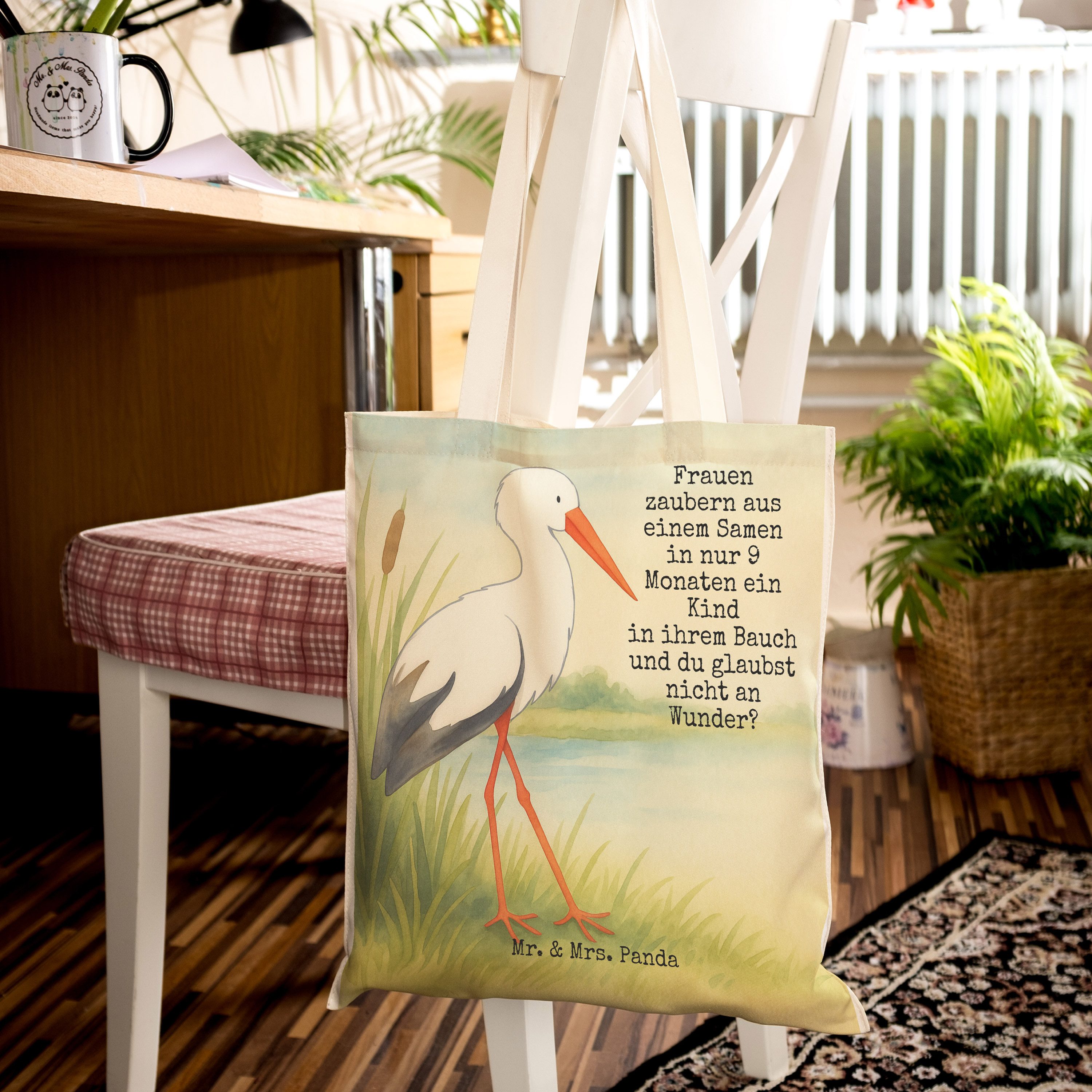 Mr. & Mrs. Panda Tragetasche Storch Design, Tote Bag, Weiß, Tasche, Tragetasche, Mutter, Lustige S (Packung), Babybauch Alltagstasche Freizeittasche