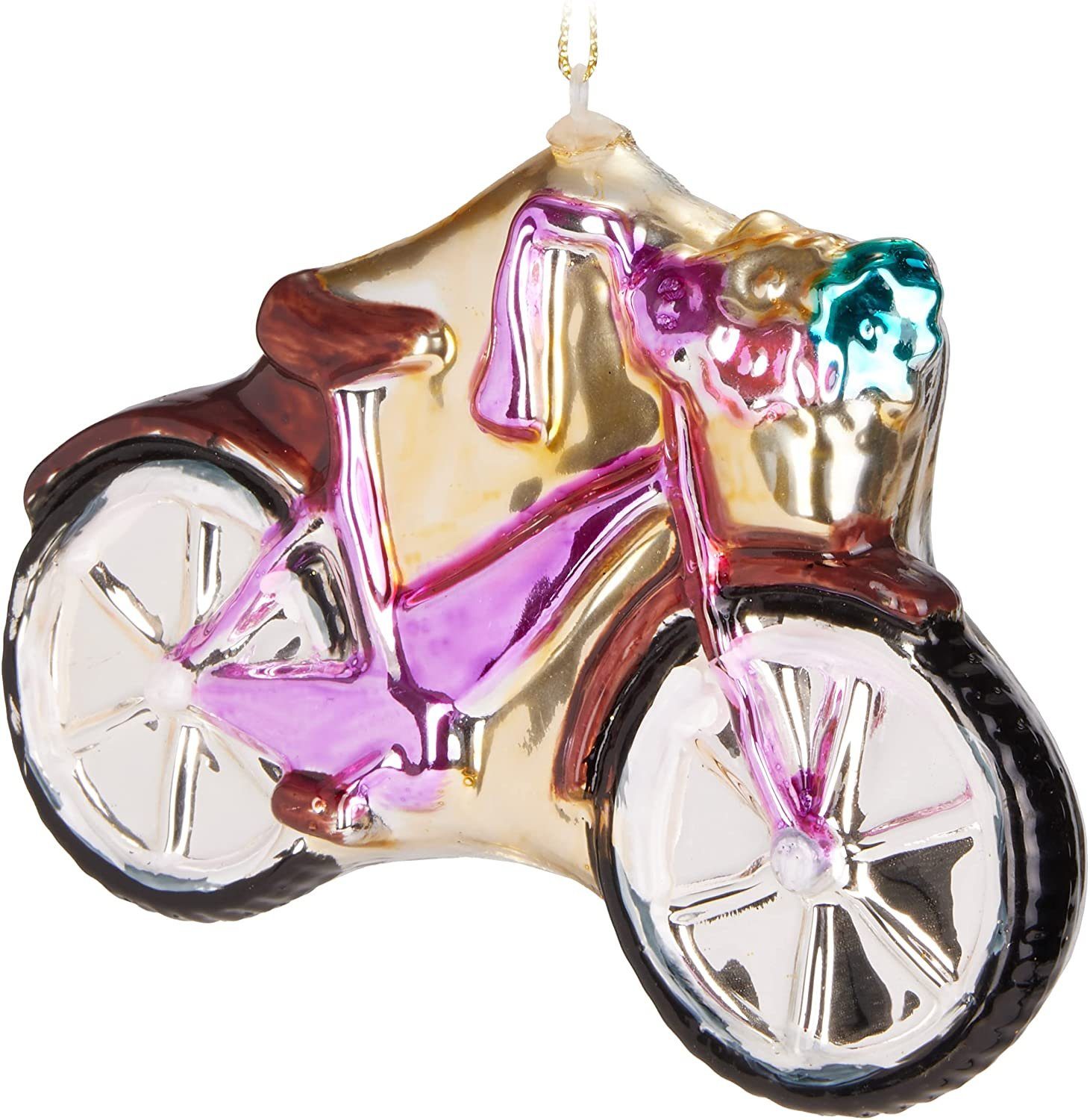 BRUBAKER Christbaumschmuck Fahrrad Pink Rosa mit Glitzer (1-tlg), Lustige Weihnachtskugel aus Glas - Mundgeblasener Christbaumschmuck Figuren Lustig Deko Anhänger - Handbemalte Baumkugel - 12,3 cm