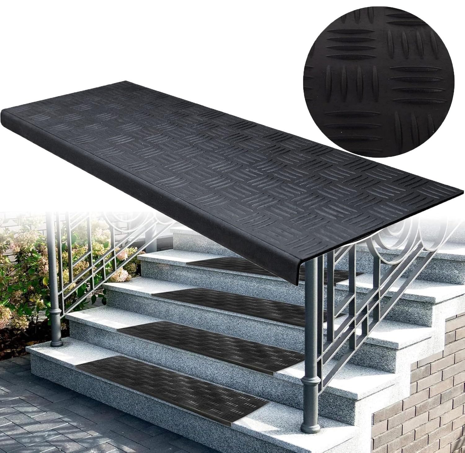 wohnTRAUM24 Stufenmatte Stufenmatten Synthetischer Gummi Außen mit Stufenkante 67 x 25cm, Treppenteppich für Innen Outdoor Teppich