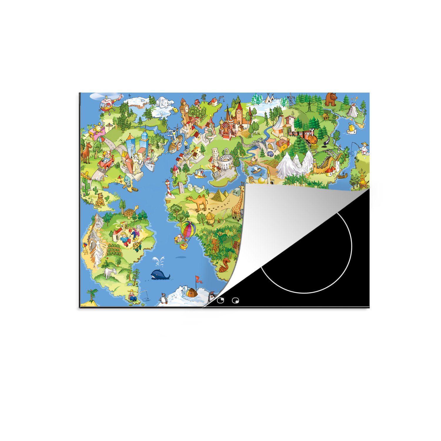 MuchoWow Herdblende-/Abdeckplatte Weltkarte - Kinder - Natur - Tiere - Blau - Grün, Vinyl, (1 tlg), 77x59 cm, Ceranfeldabdeckung, Arbeitsplatte für küche
