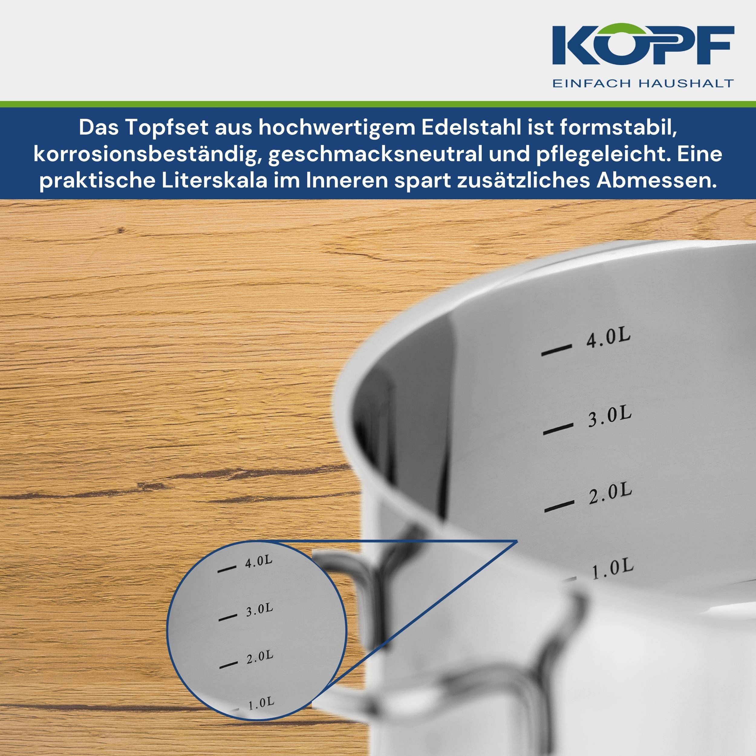 Kopf Topf-Set Merkur 4-teilig, Edelstahl (4-tlg), Induktionstöpfe mit Schüttrand, Literskala und Glasdeckel
