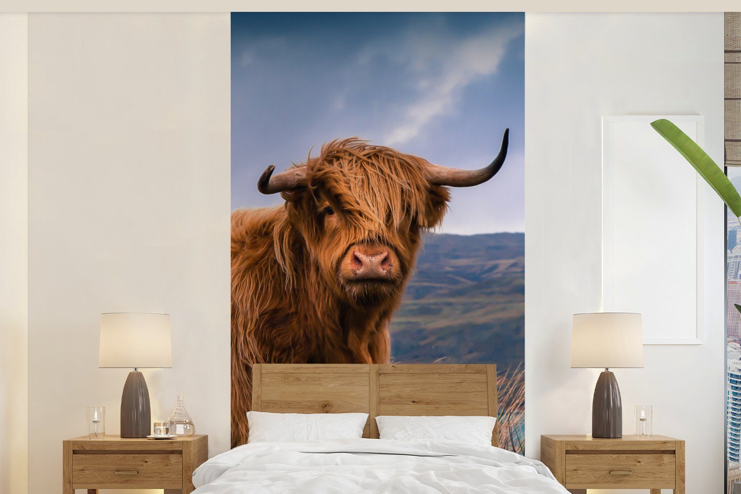 MuchoWow Fototapete Schottischer Highlander - Berg - Wasser - Natur - Kuh, Matt, bedruckt, (2 St), Vliestapete für Wohnzimmer Schlafzimmer Küche, Fototapete