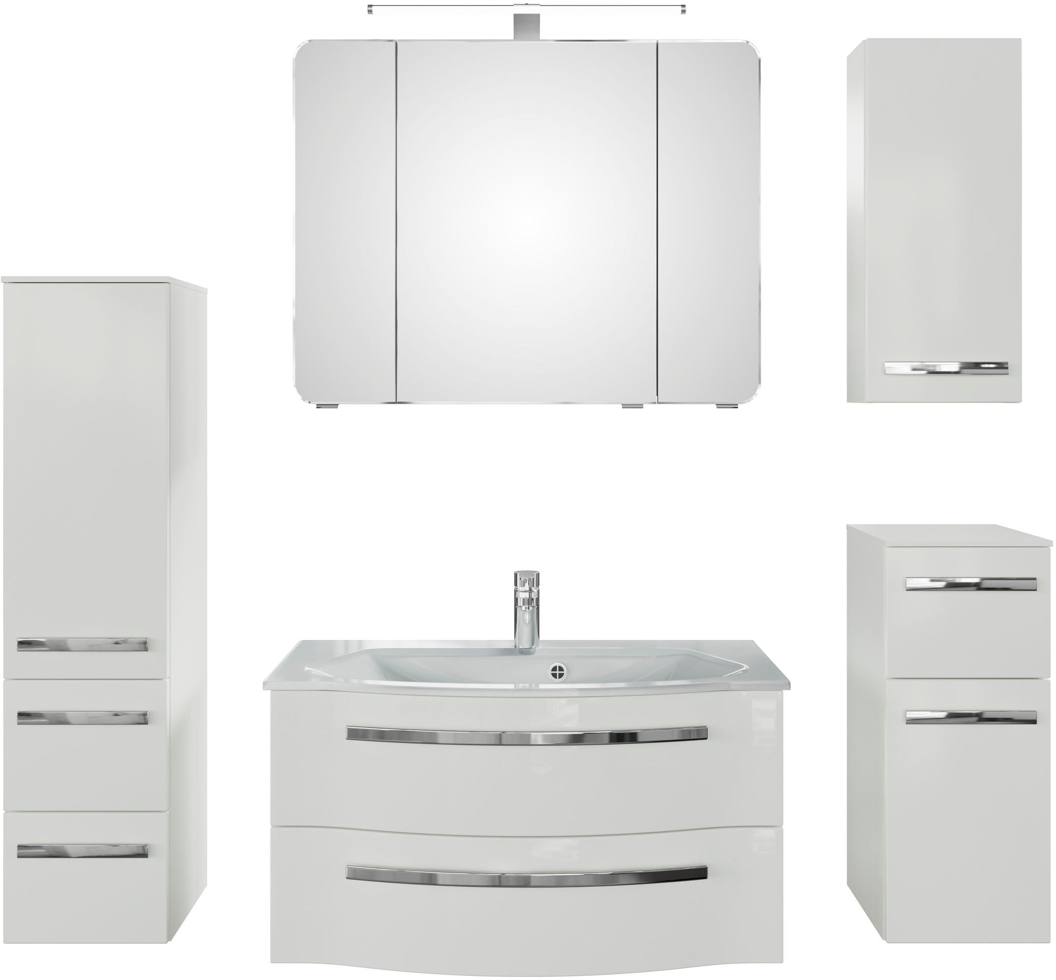Saphir Badmöbel-Set Serie 4005, vormontiert, Glaswaschbecken, Spiegelschrank, (Set, 6-St), Badezimmer-Set mit Unterschrank, Hängeschrank, Midischrank, Türdämpfer