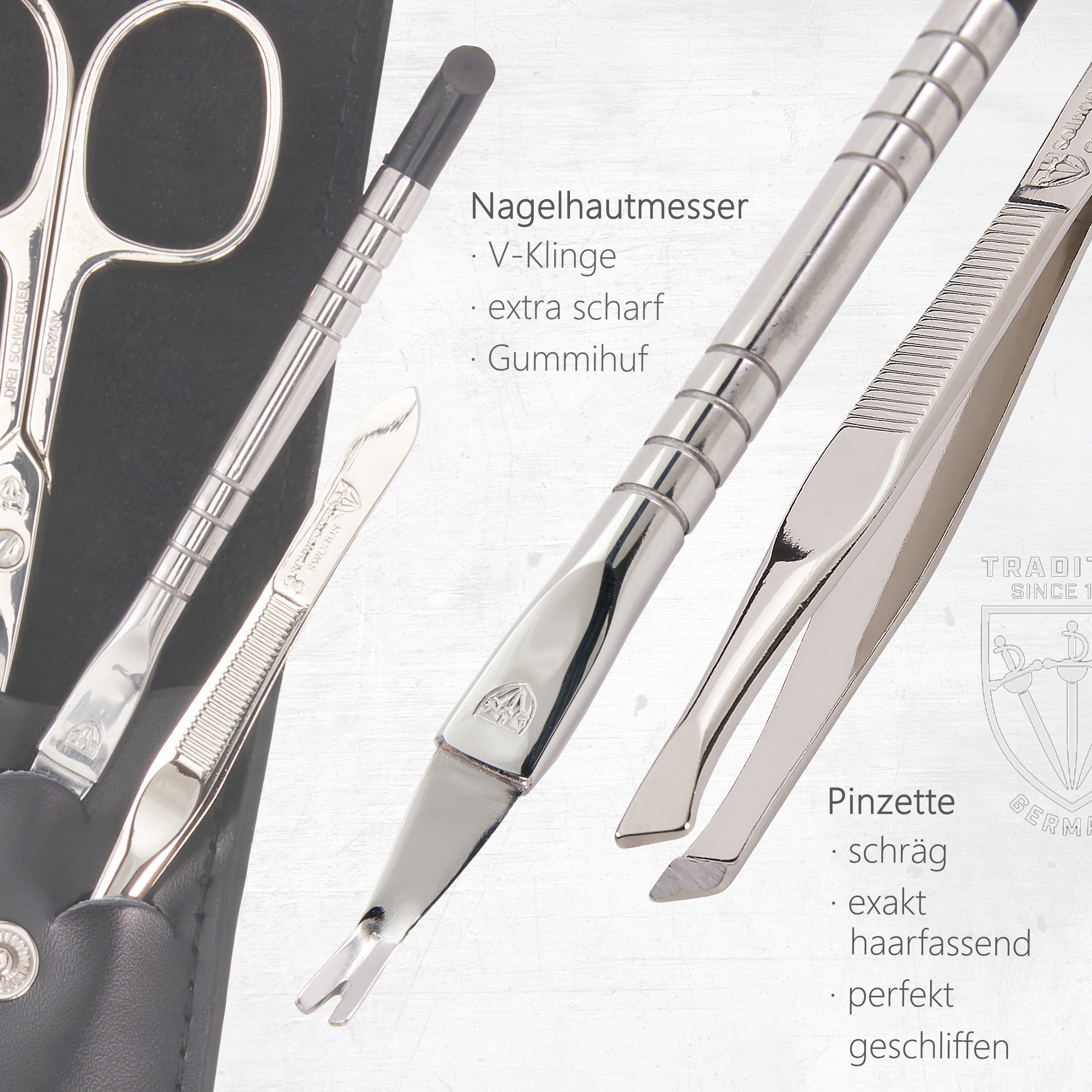 3 SCHWERTER Maniküre-Etui Nagelpflege, Maniküre Set "Paris" mit Echtleder-Etui, 4 tlg., hochwertiges Nagelset für alle Nageltypen, Made in Germany