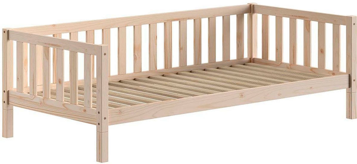 Vipack Kinderbett Dallas, massiv Bett, Rausfallschutz, umbaubar vom Boden- zum Daybett (inkl. Rolllattenrost und Sprossenumrandung, 90 oder 140x200 cm breit), stabil und standfest gebaut, wahlweise Kiefer massiv natur oder weiß