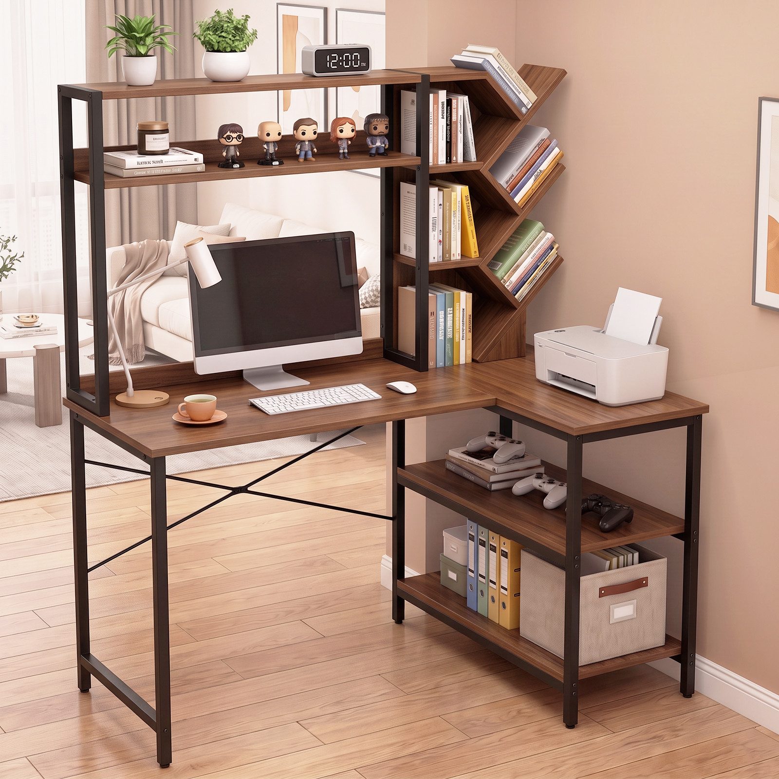Patbrela Eckschreibtisch L-form mit Bücherregal 130 cm Computertisch, viel Stauraum, für Homeoffice und Arbeitszimmer – Bild 2 von 5