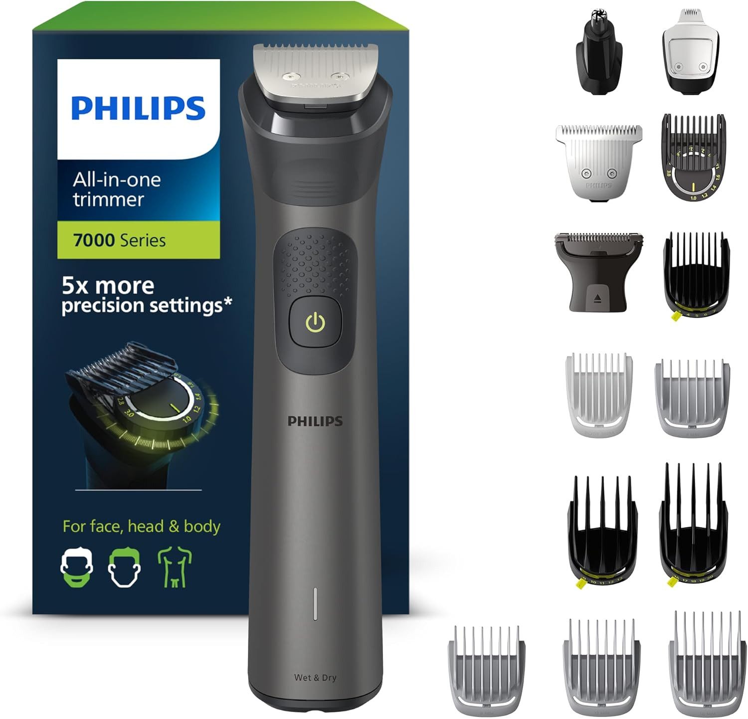 Philips Multifunktionstrimmer Philips Multigroom 7000 All-in-One-Trimmer 15-in-1 MG7950/15, Barttrimmer und Haarschneider für Gesicht, Kopf und Körper, 26 Längeneinstellungen 0.5-20 mm