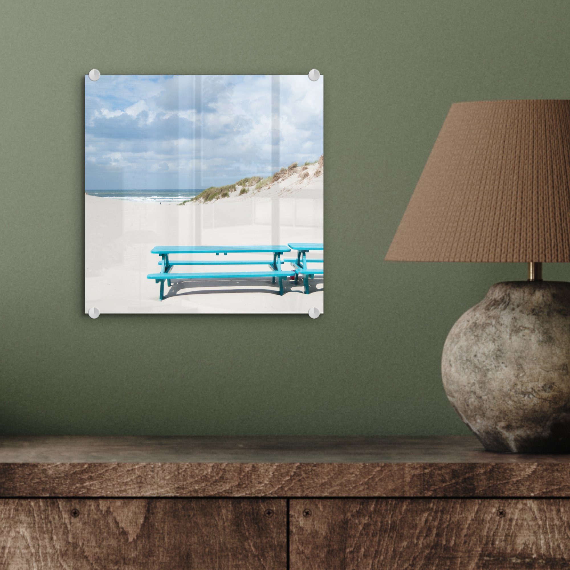 MuchoWow Acrylglasbild Blaue Bank auf Terschelling, Glasbilder Glas Foto Wandbild Bilder - (1 der auf auf Wanddekoration - Glas St), - Insel