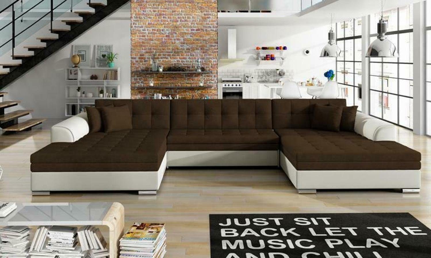 Polster Leder / Ecksofa, Klassisch Design Weiß JVmoebel Ecksofa Textil Bettfunktion Vento Braun Couch