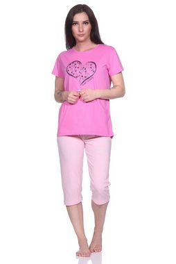 Normann Pyjama Damen Capri Schlafanzug, 3/4-Capri-Pyjama mit süßem Herzchen-Muster